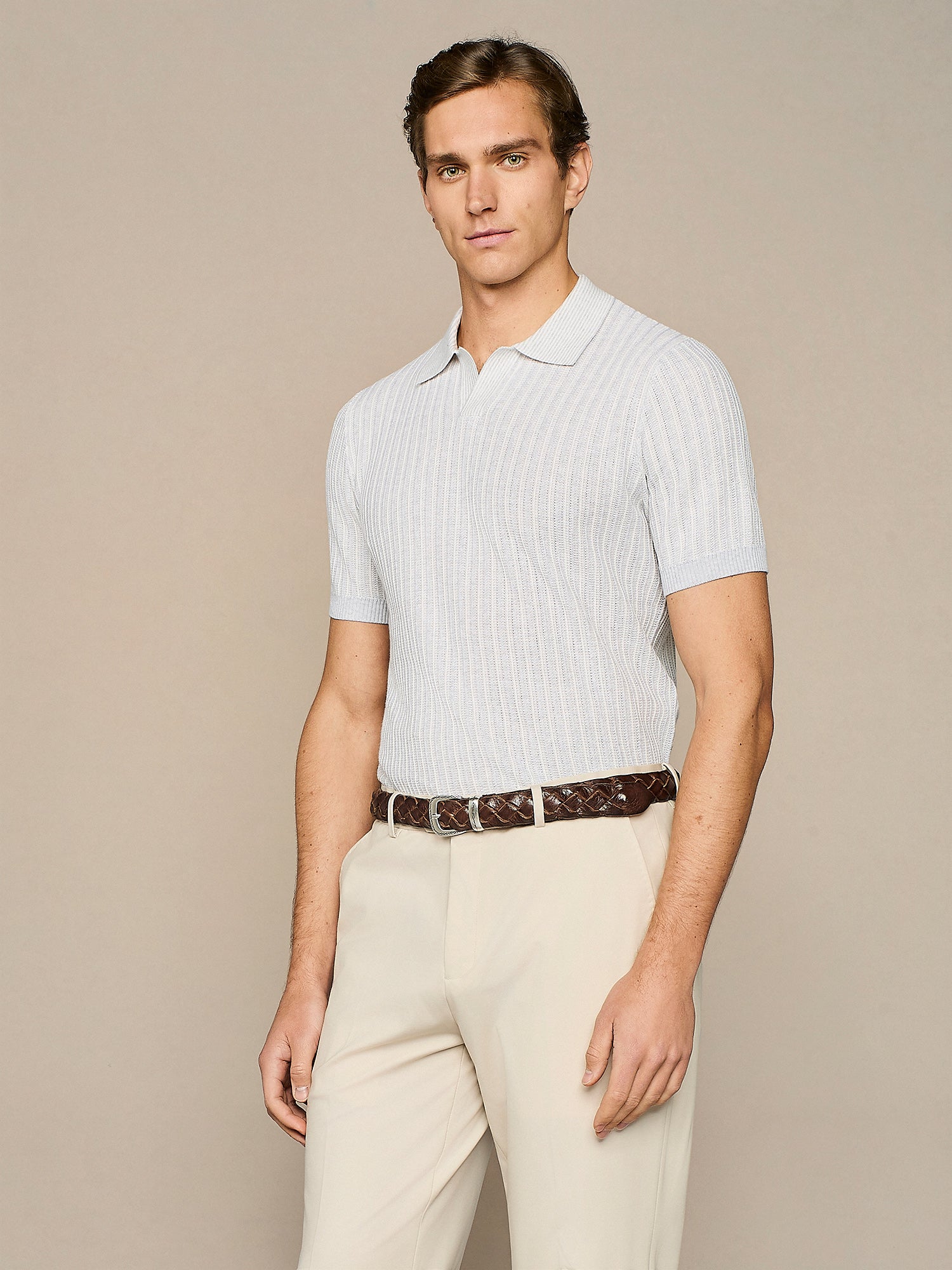 LIGHT GREY MELANGE KNITTED STITCHING POLO