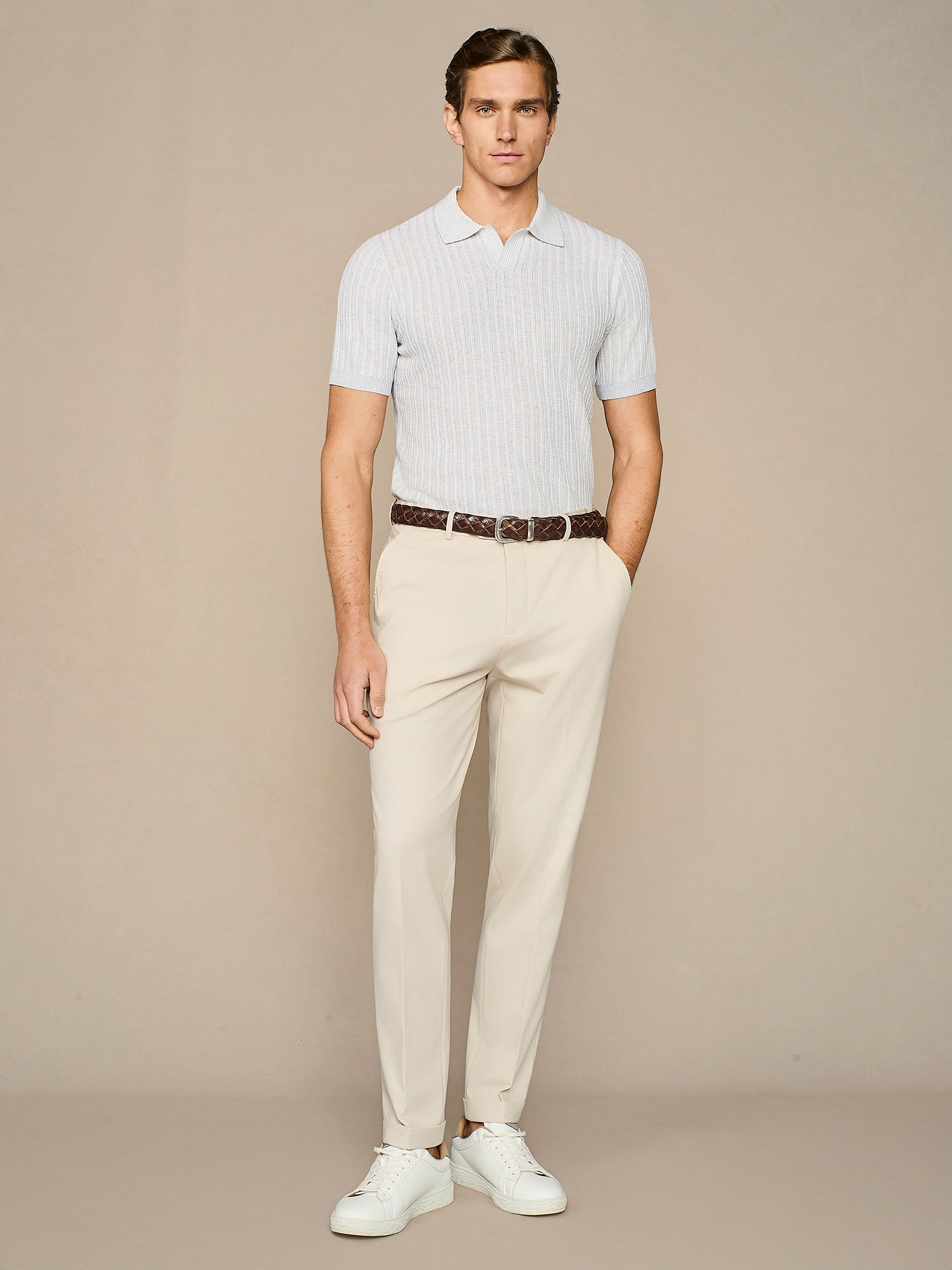 LIGHT GREY MELANGE KNITTED STITCHING POLO