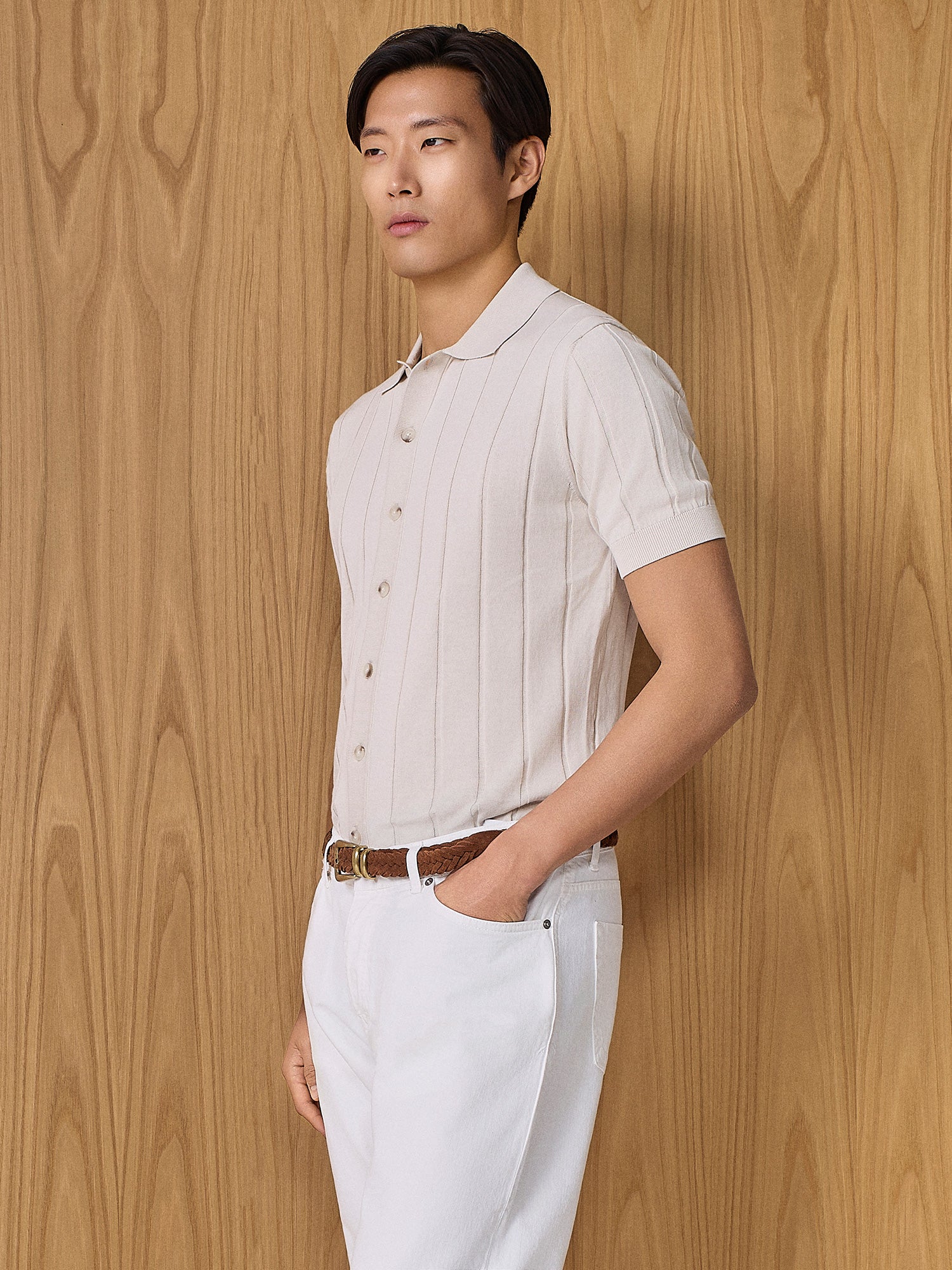 Polo camicia in maglia costa piatta burro