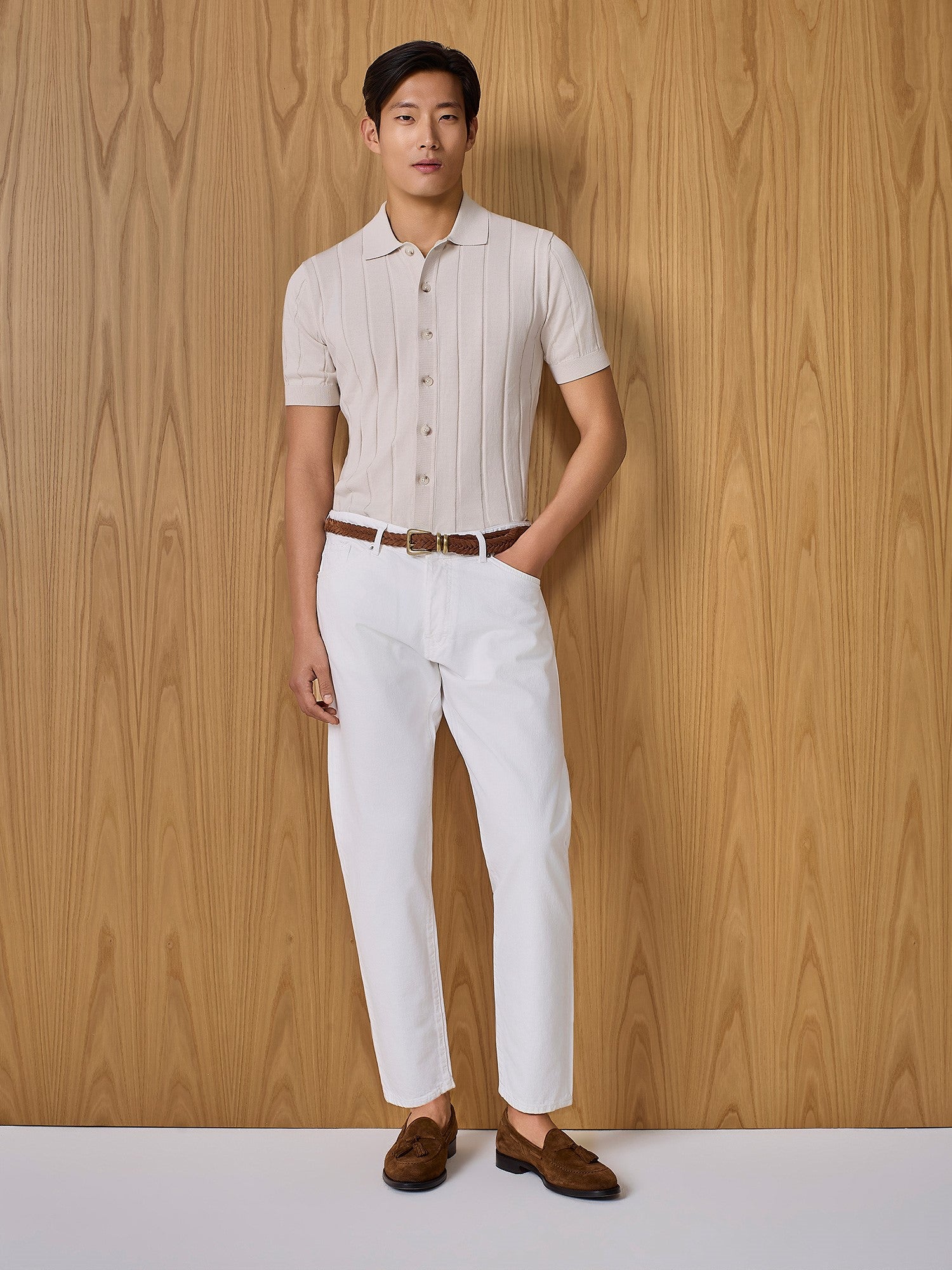 Polo camicia in maglia costa piatta burro