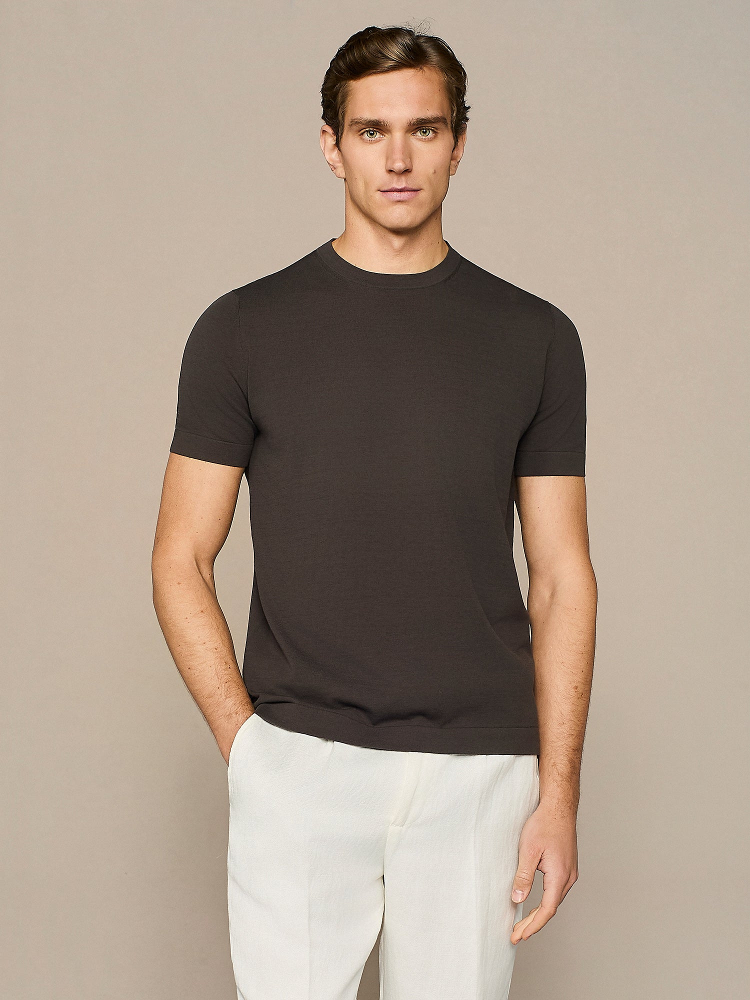 BROWN CREPE  KNITTED T-SHIRT