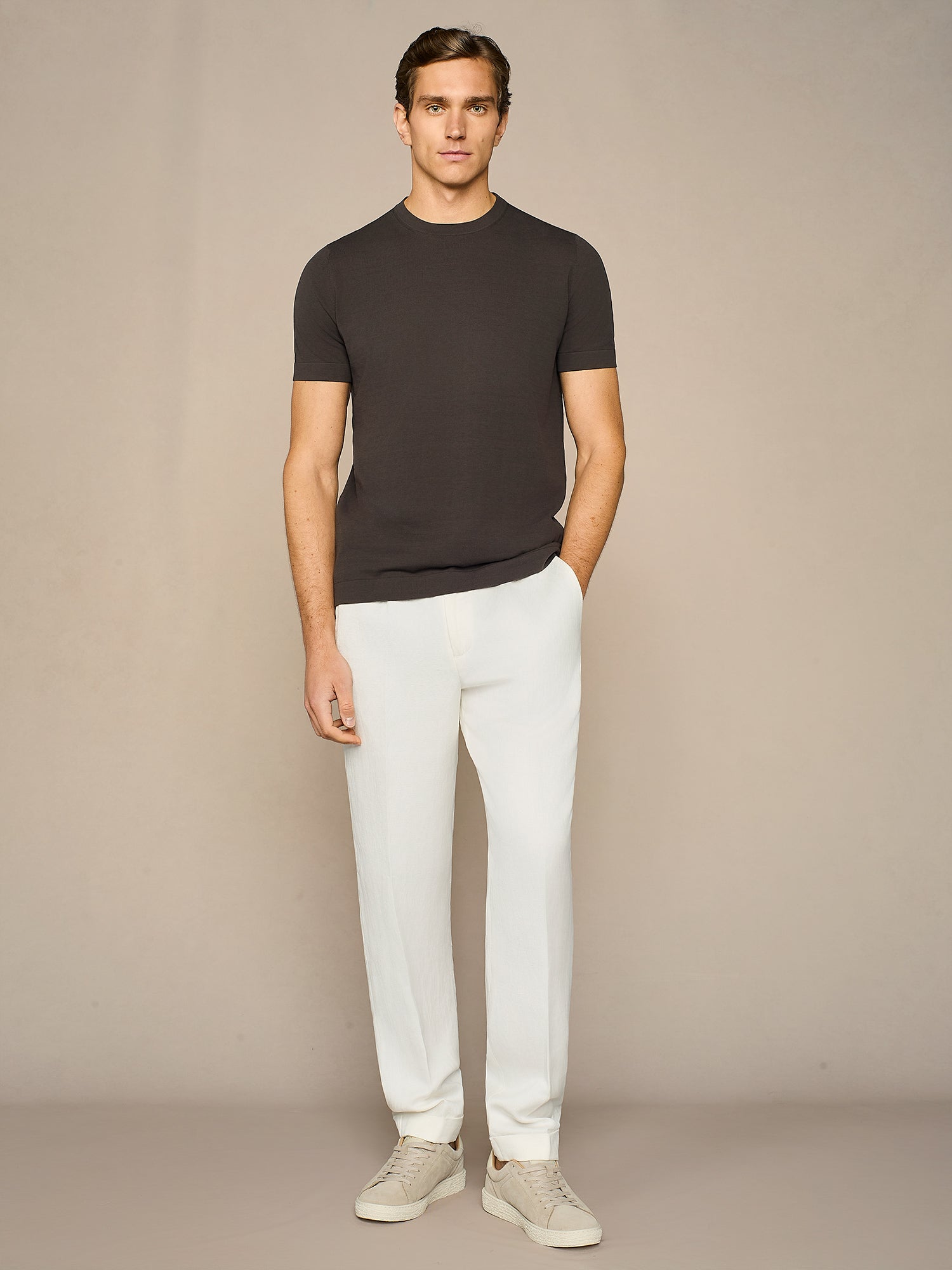 BROWN CREPE  KNITTED T-SHIRT