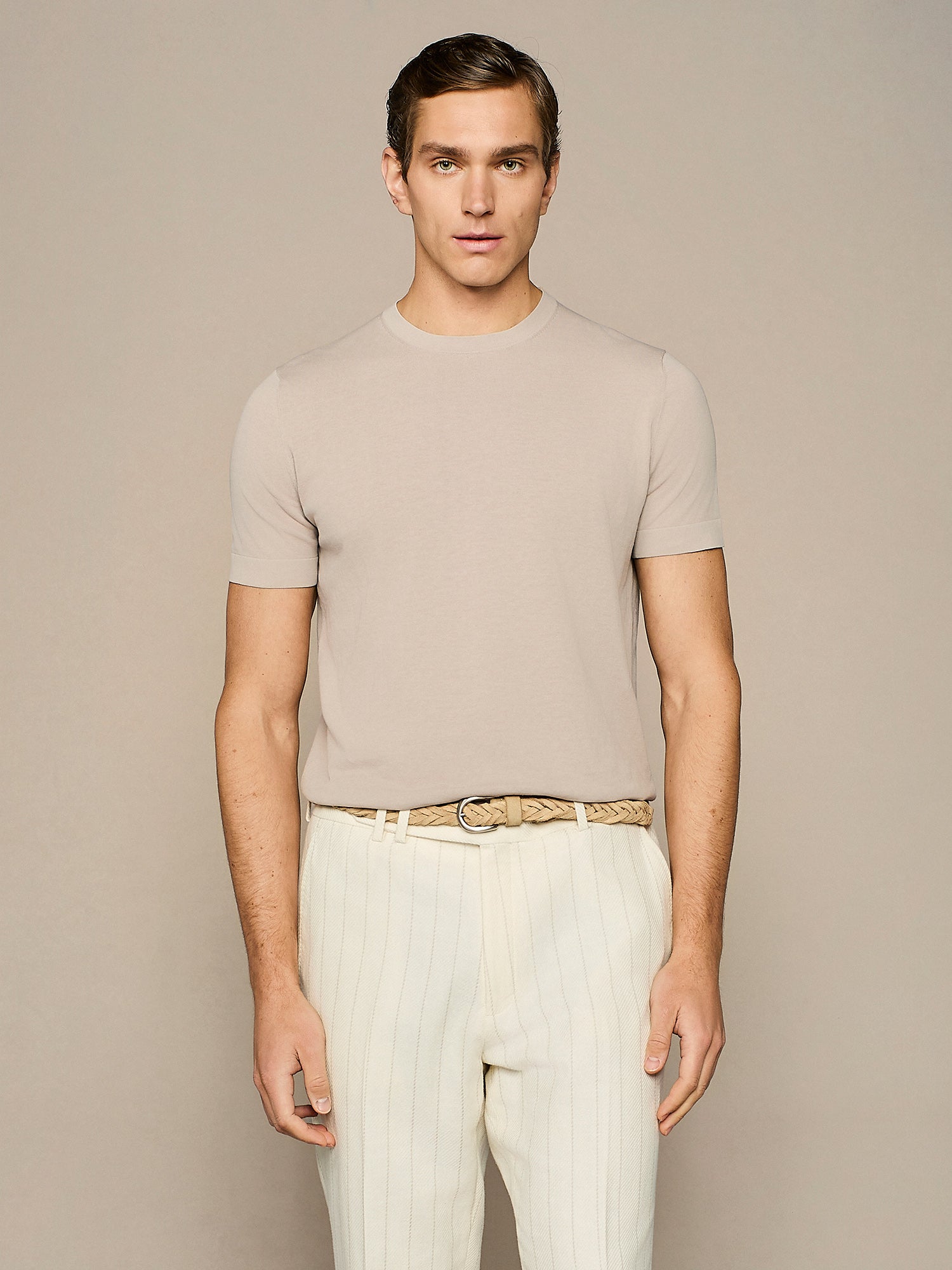 LIGHT TAUPE CREPE KNITTED T-SHIRT