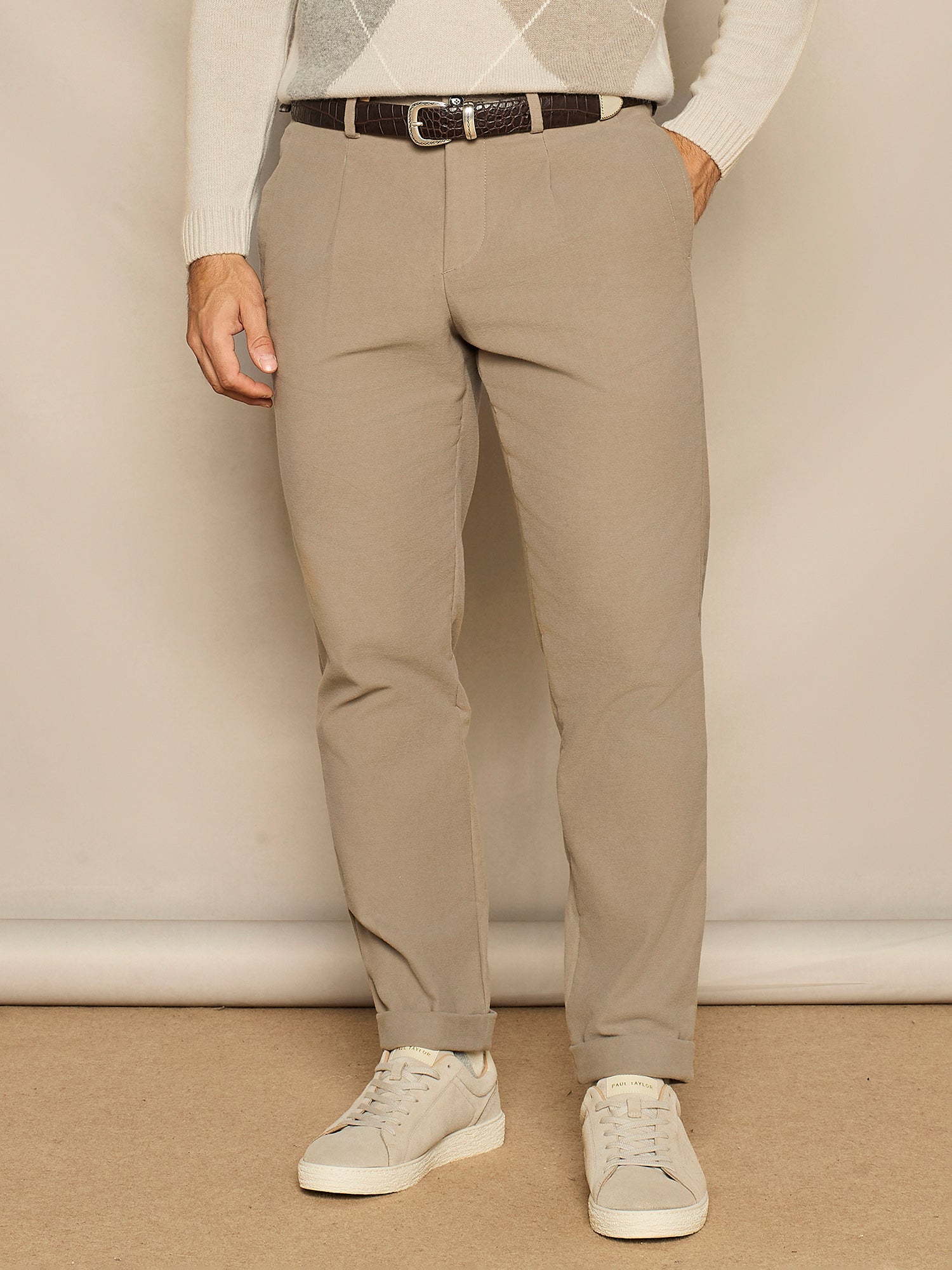 PANTALONE WIDE FIT CON COULISSE E NERVATURA IN FUSTAGNO TAUPE