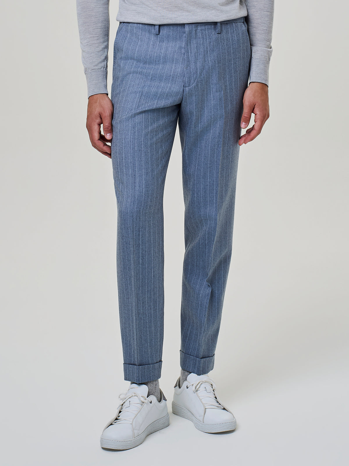 Pantalone da uomo in flanella misto lana gessata color dusty blue, Paul Taylor