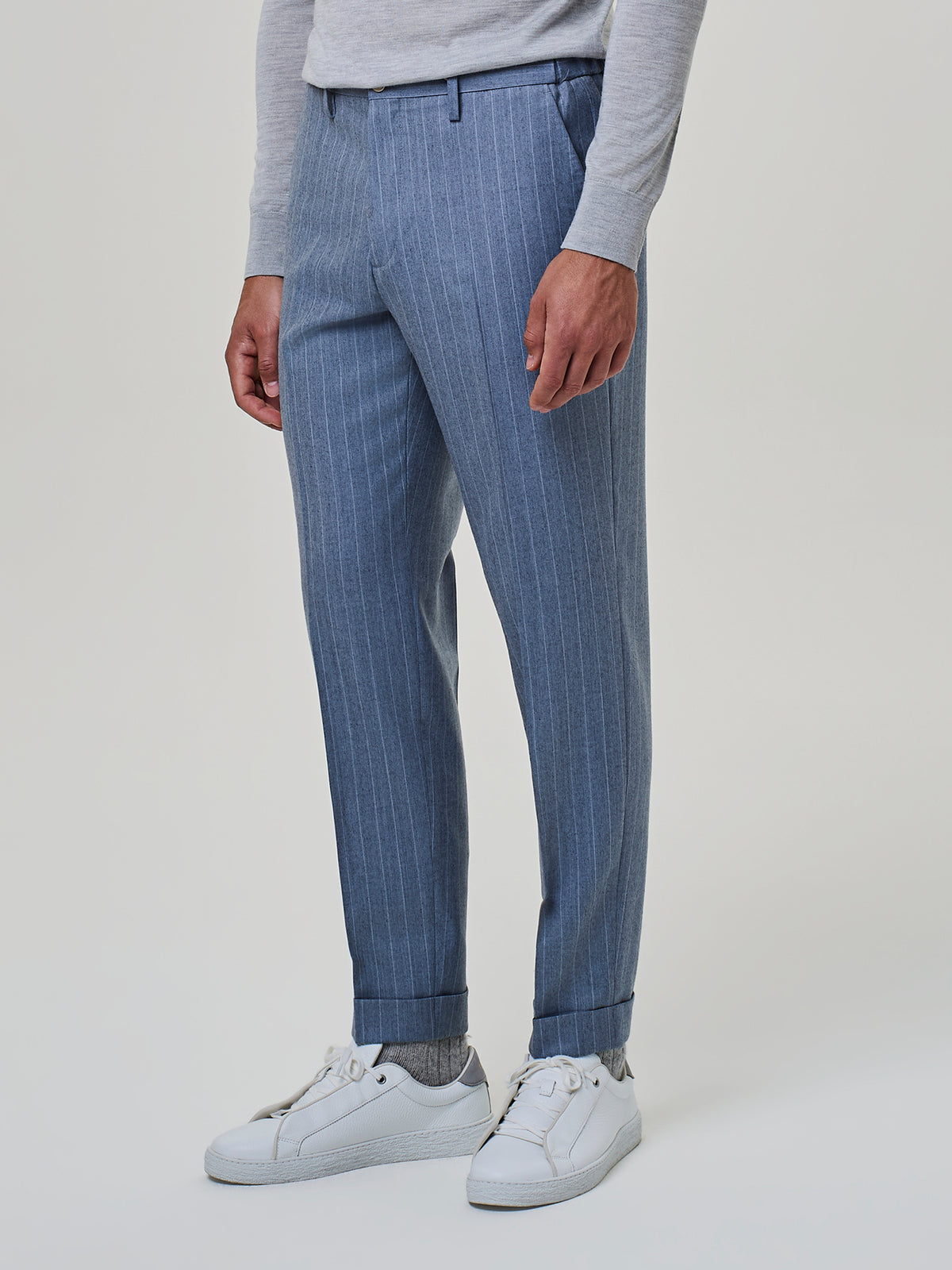 Pantalone uomo dusty blue con coulisse beige e finalino in suede, Paul Taylor