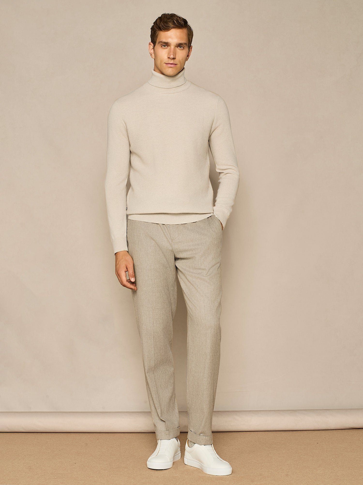 BEIGE FLANNEL WIDE FIT LACE-UP TROUSER