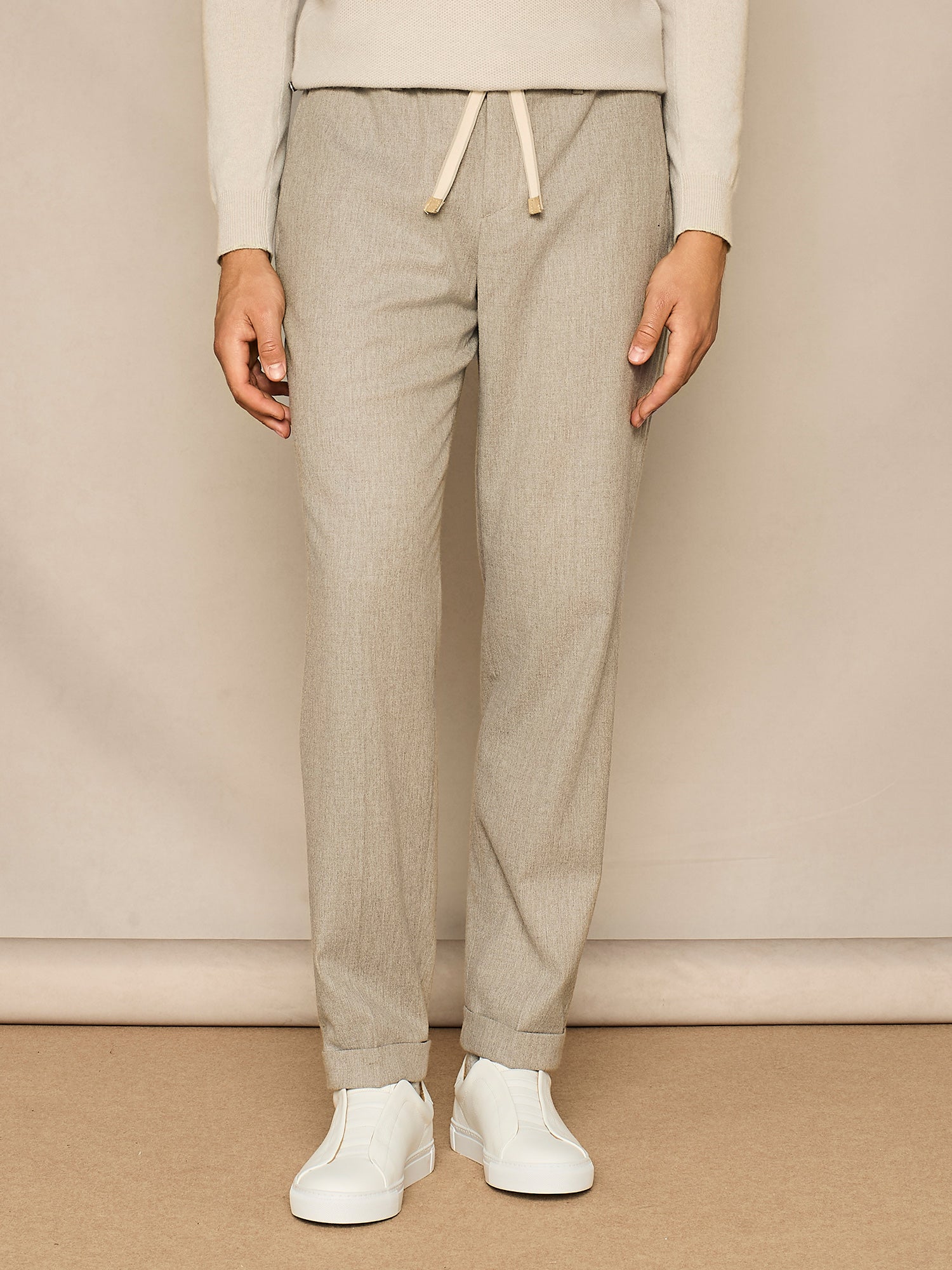 BEIGE FLANNEL WIDE FIT LACE-UP TROUSER