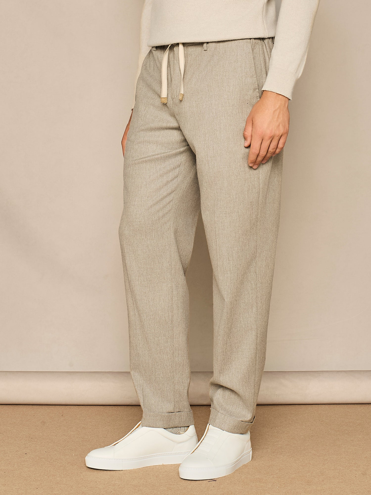 BEIGE FLANNEL WIDE FIT LACE-UP TROUSER