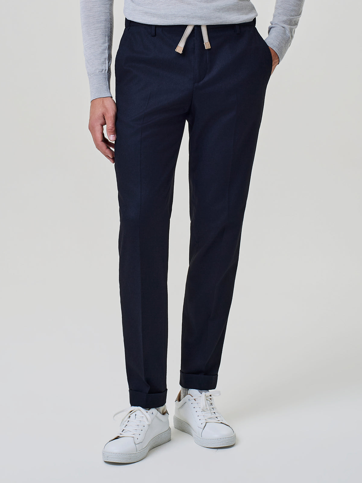 Pantalone da uomo blu, coulisse beige con finalino in suede, Paul Taylor