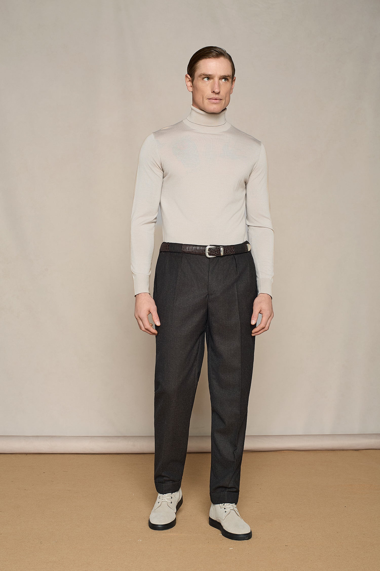 PANTALONE WIDE FIT CON DOPPIA PINCES IN LANA CHOCOLATE