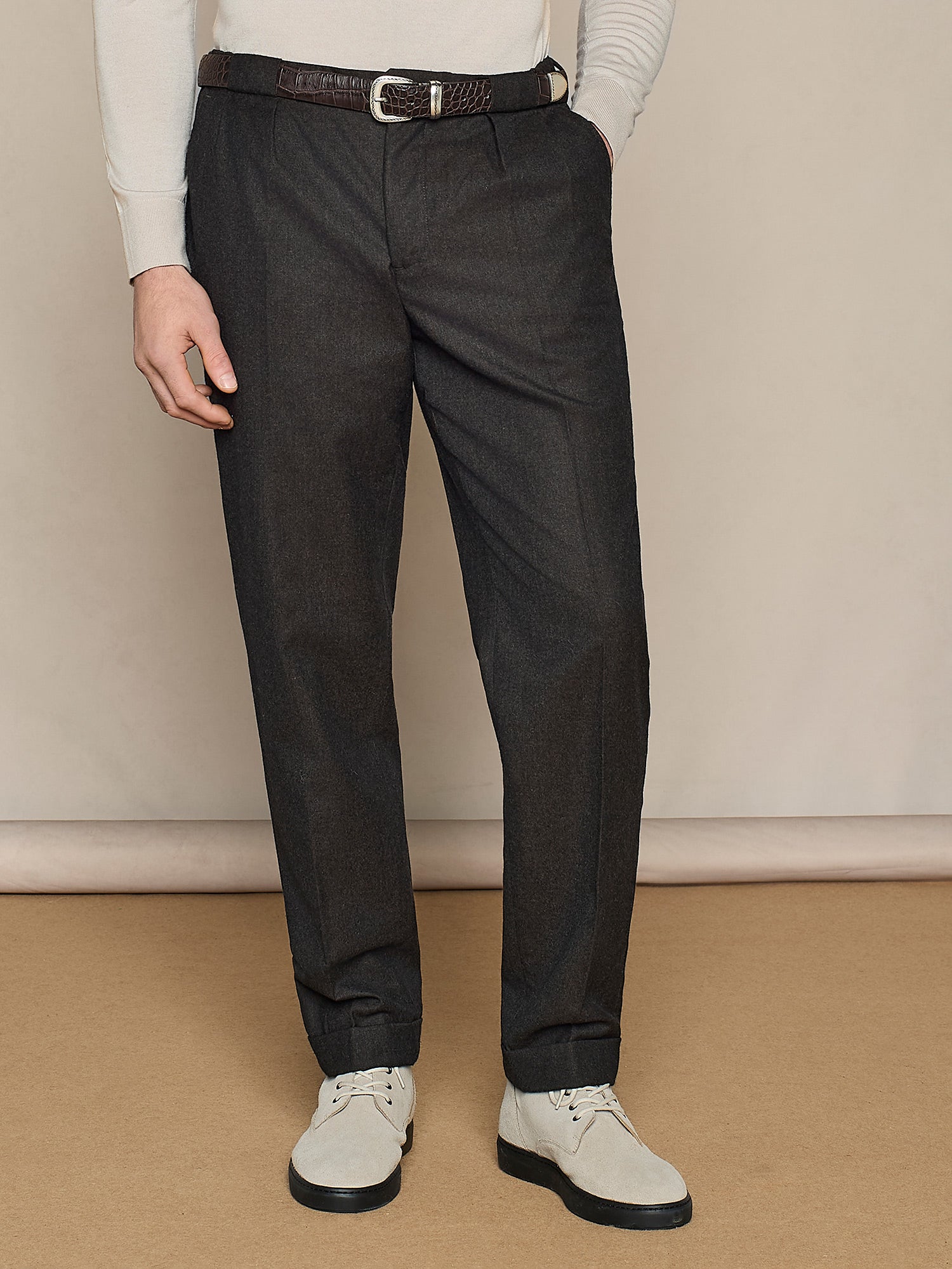 PANTALONE WIDE FIT CON DOPPIA PINCES IN LANA CHOCOLATE