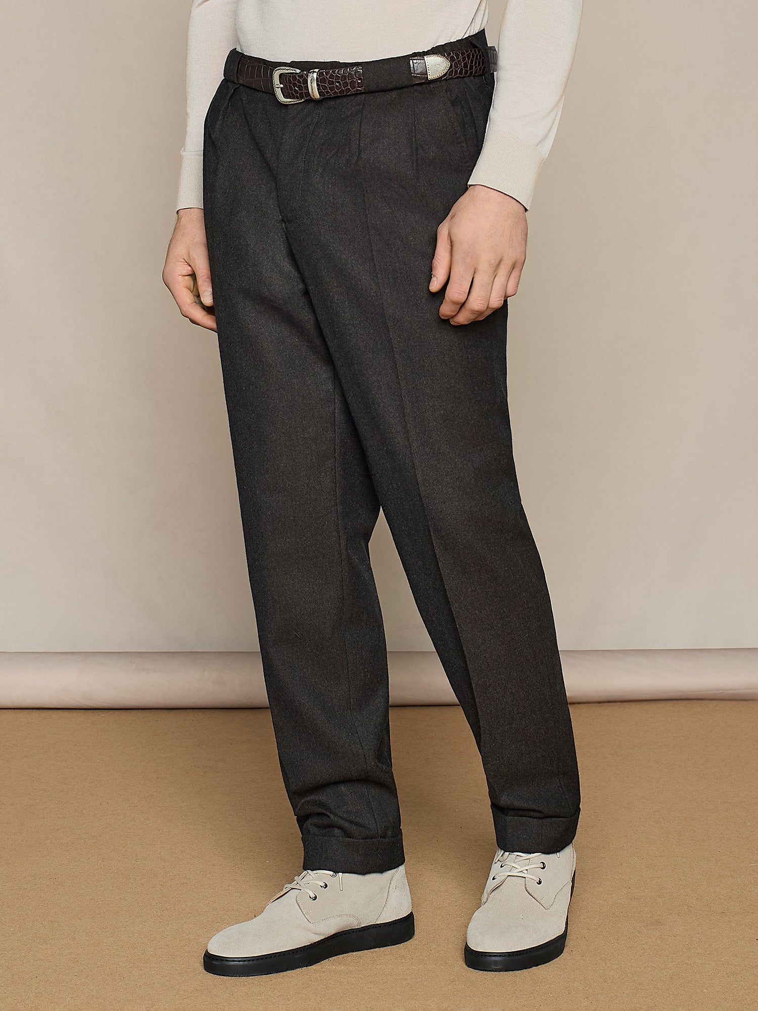 PANTALONE WIDE FIT CON DOPPIA PINCES IN LANA CHOCOLATE