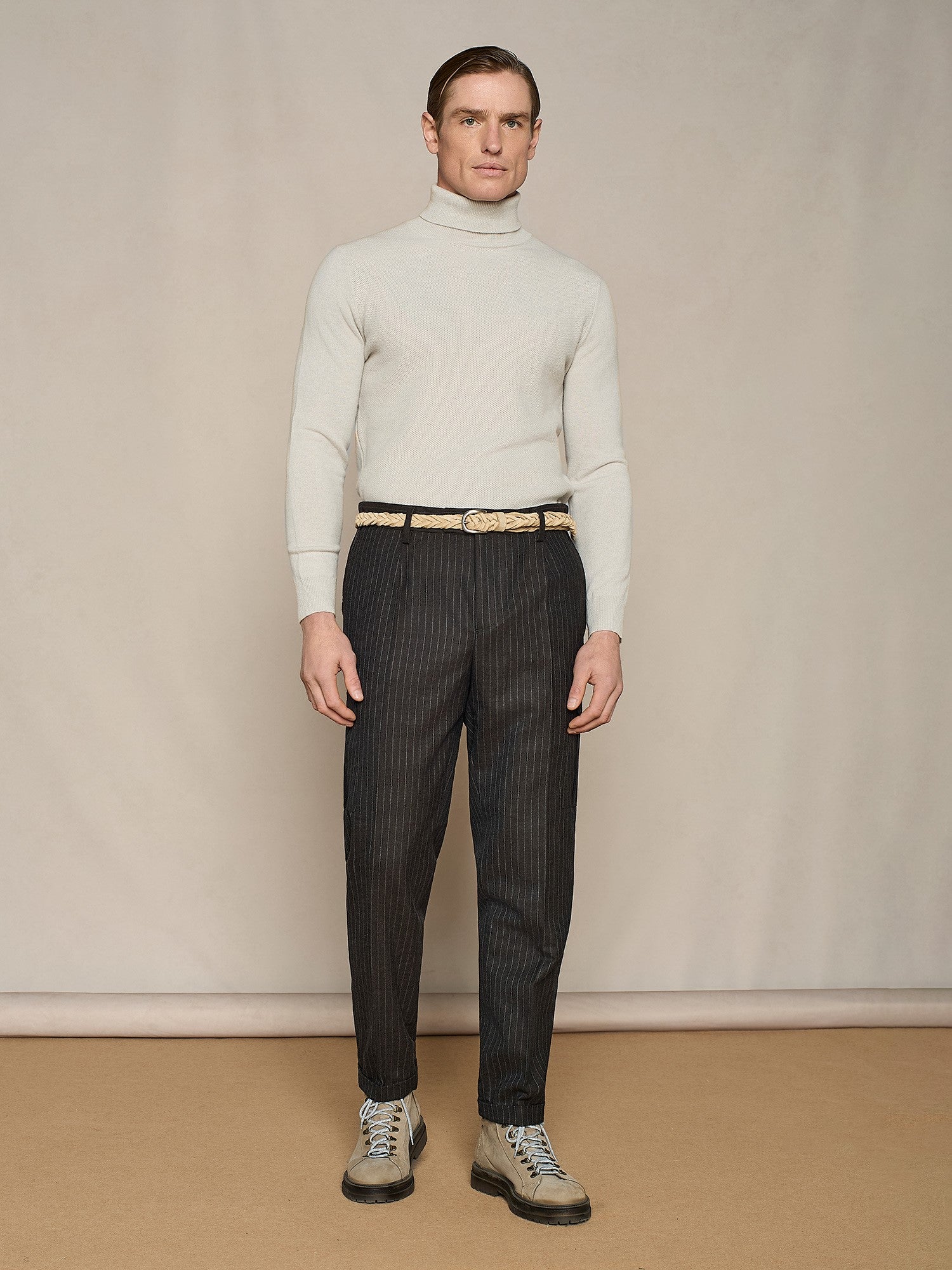 PANTALONE CARGO IN LANA GESSATO CHOCOLATE