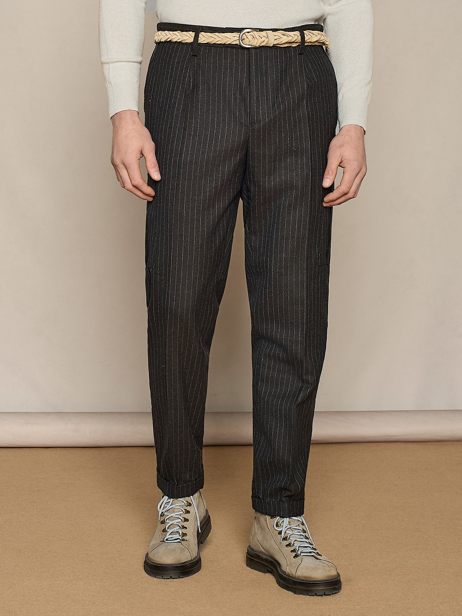 PANTALONE CARGO IN LANA GESSATO CHOCOLATE