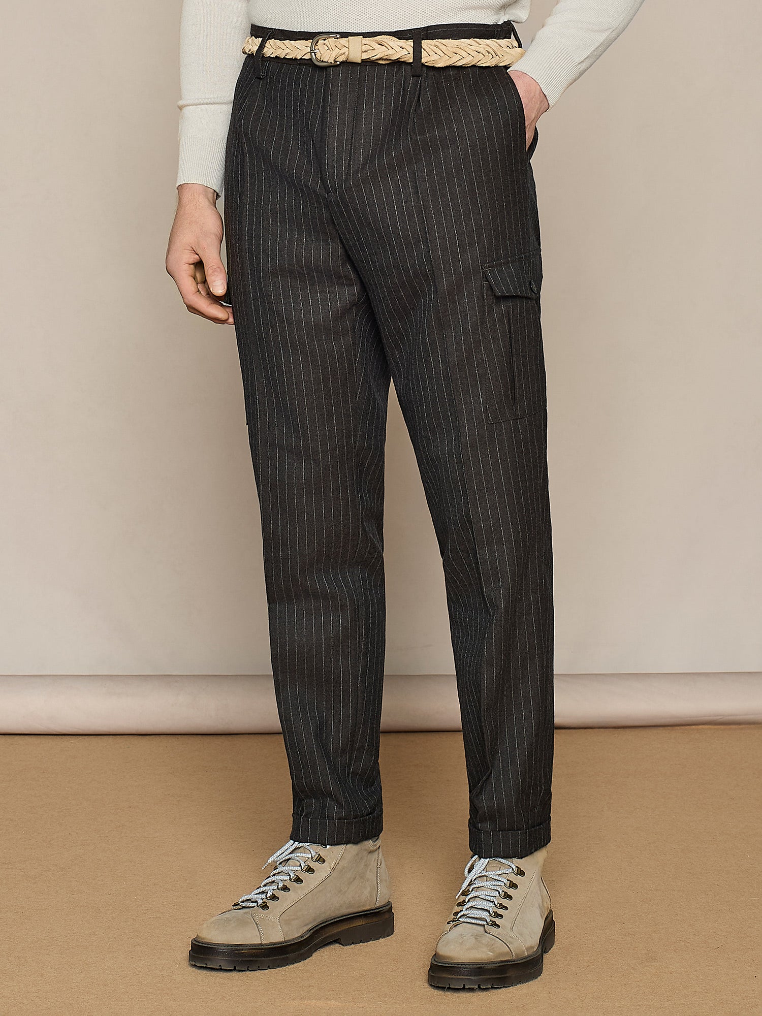 PANTALONE CARGO IN LANA GESSATO CHOCOLATE