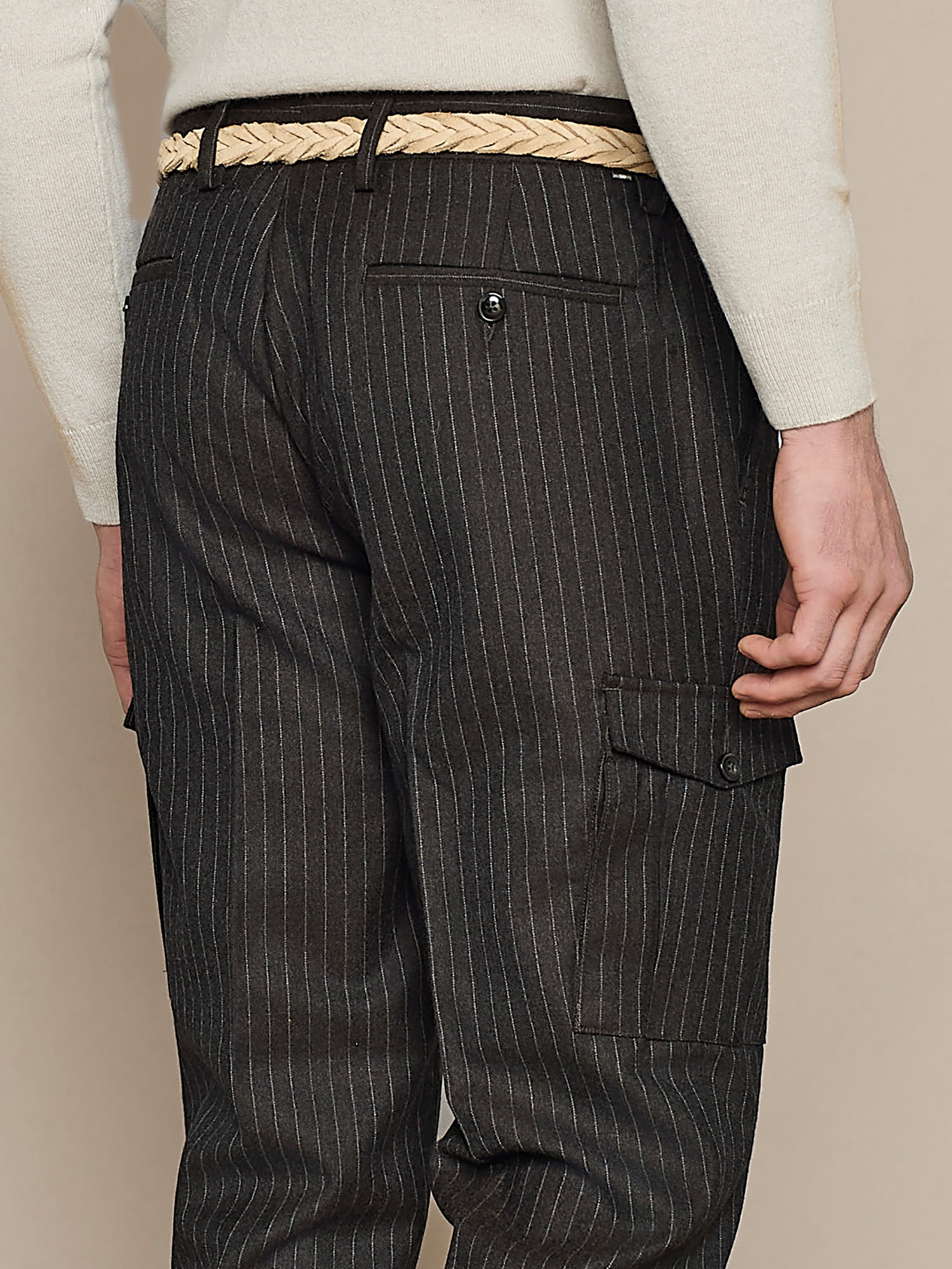 PANTALONE CARGO IN LANA GESSATO CHOCOLATE