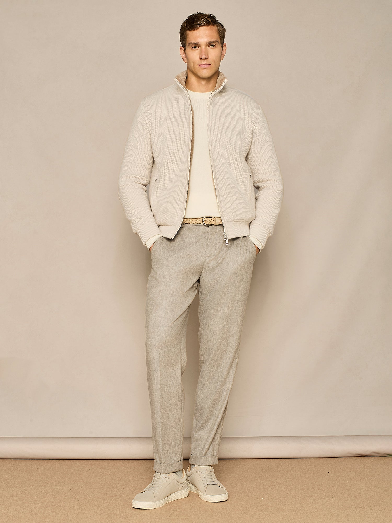 WIDE FIT LIGHT FLANNEL BEIGE LACE TROUSERS