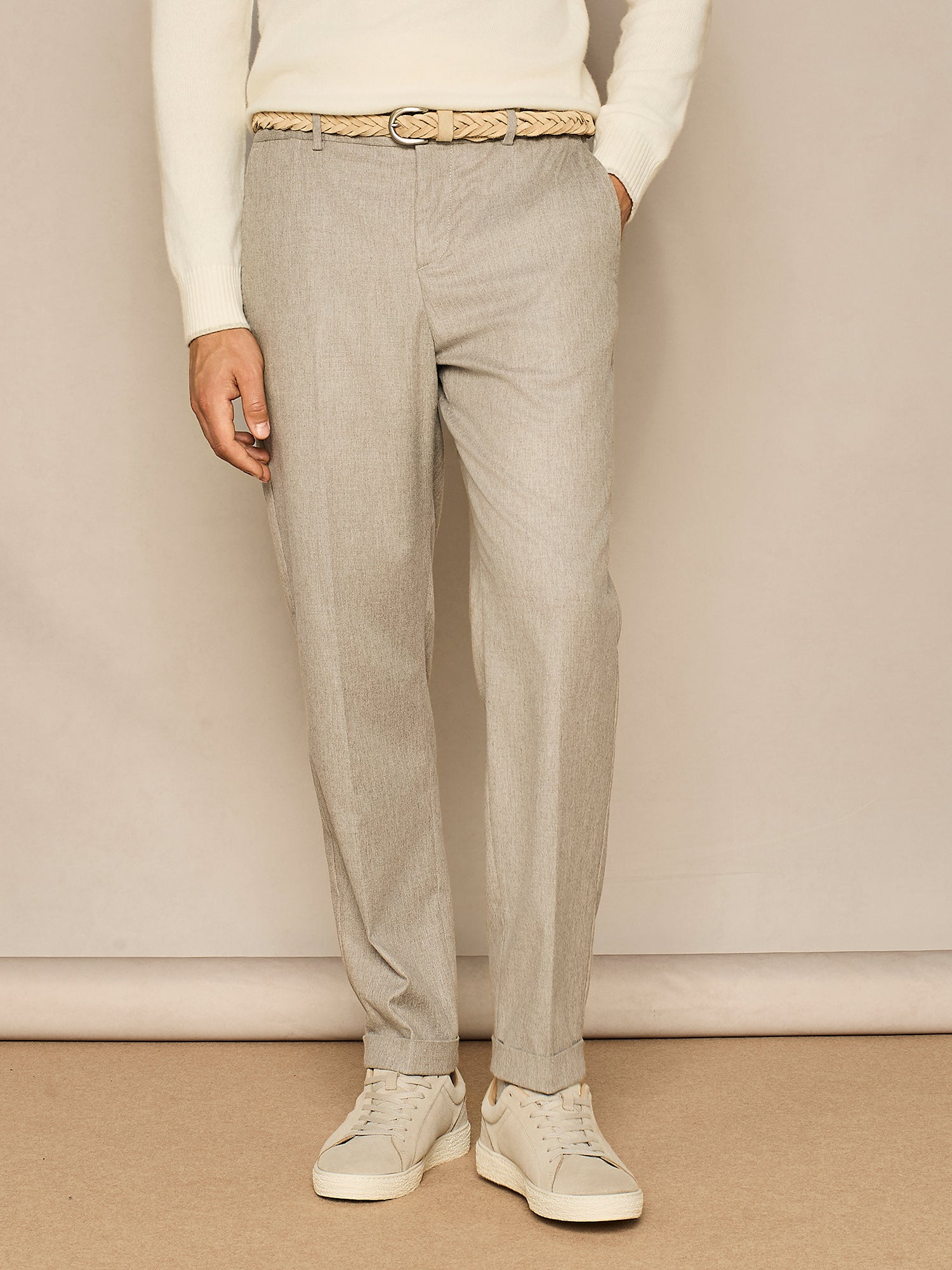 WIDE FIT LIGHT FLANNEL BEIGE LACE TROUSERS