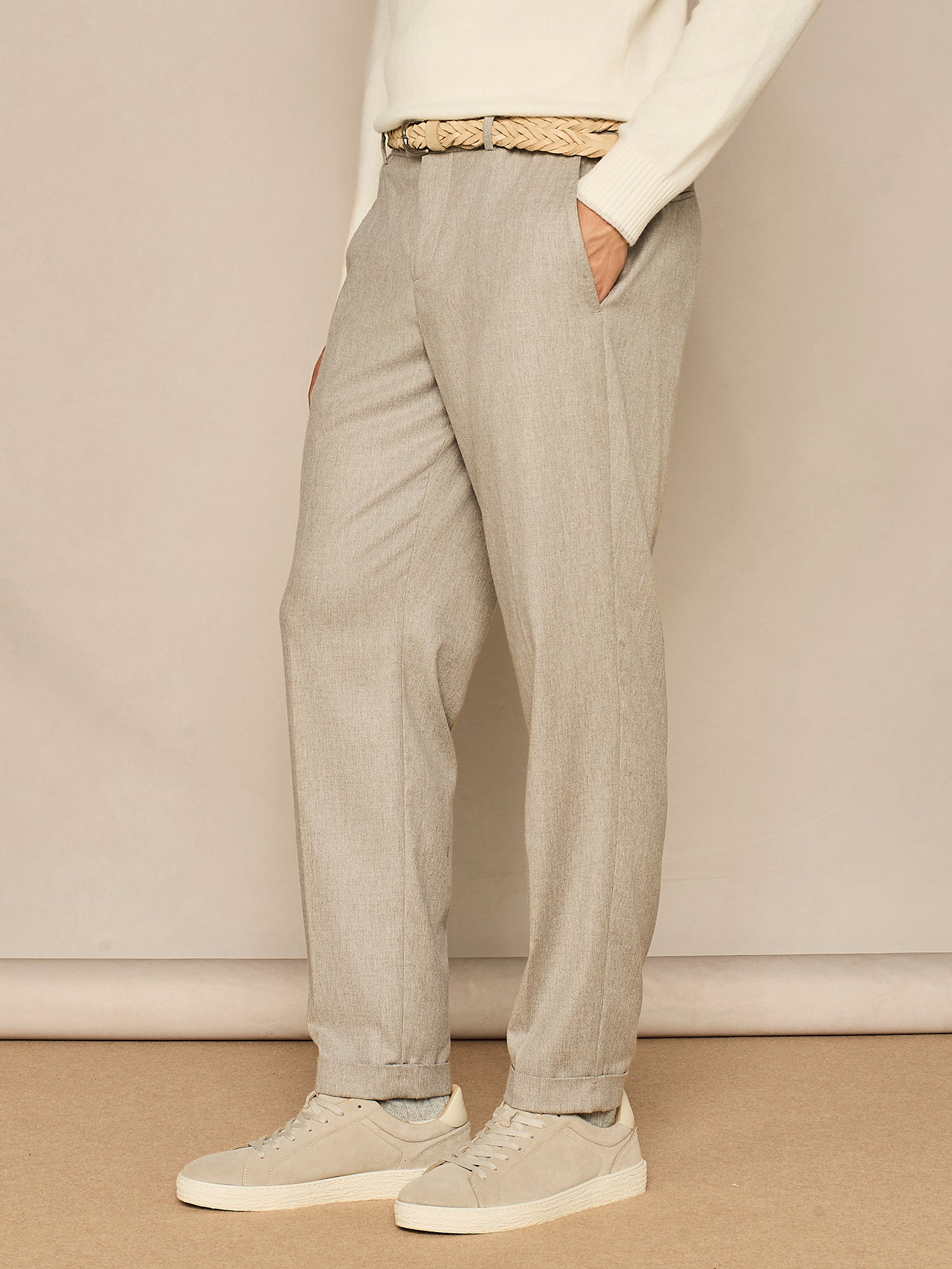 WIDE FIT LIGHT FLANNEL BEIGE LACE TROUSERS