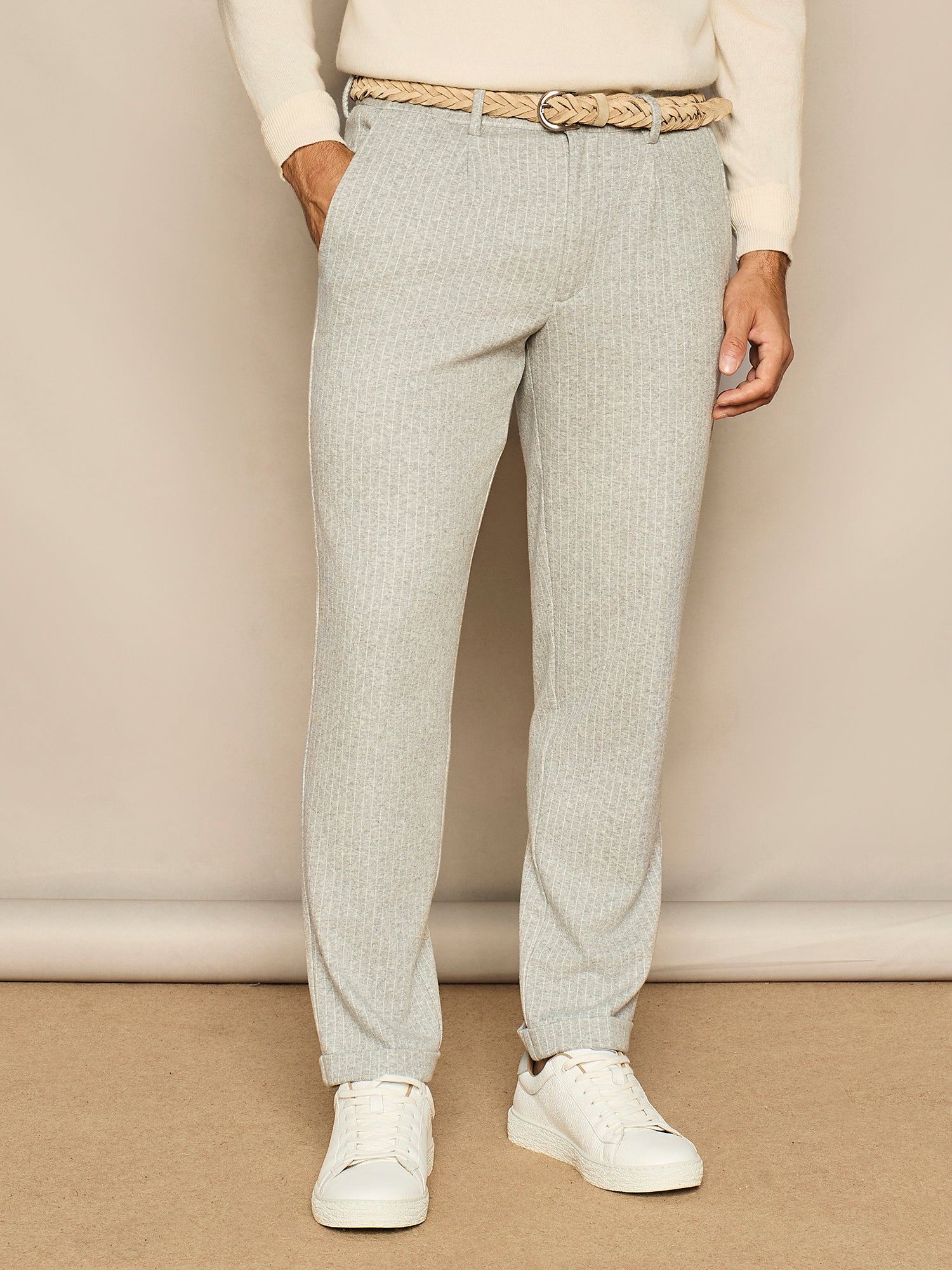 LIGHT GREY PINSTRIPED LACE-UP JERSEY TROUSER