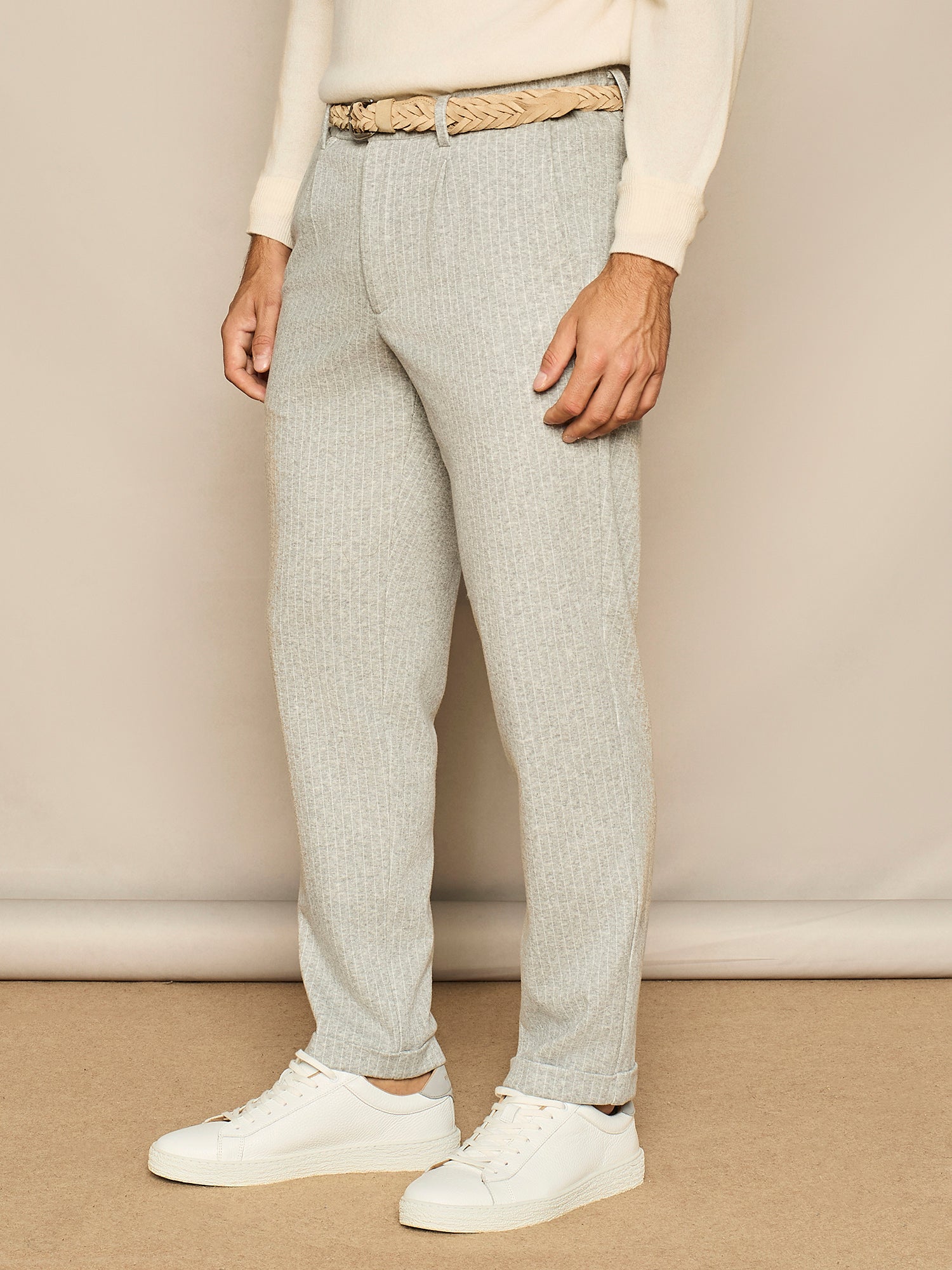LIGHT GREY PINSTRIPED LACE-UP JERSEY TROUSER