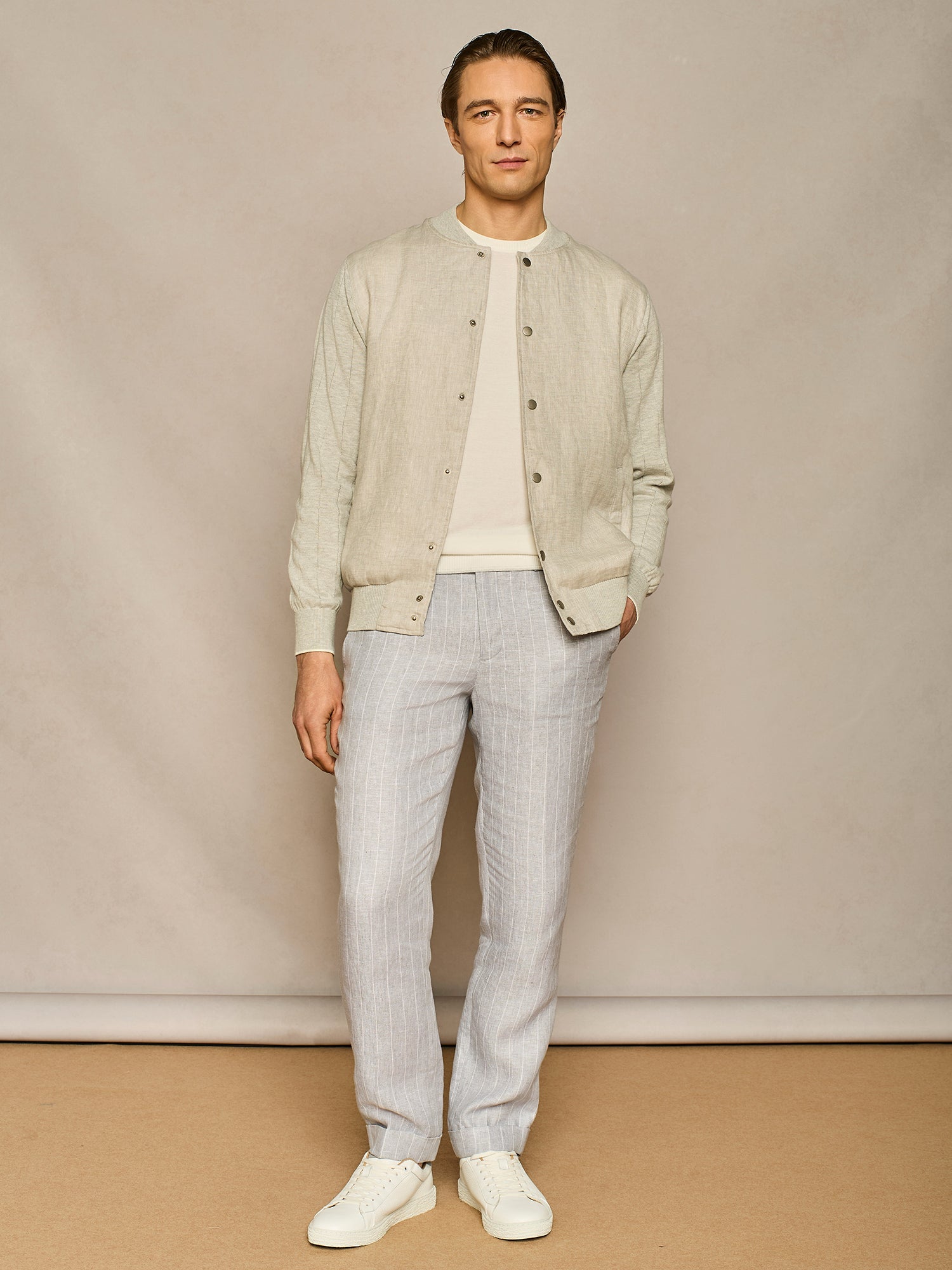 GREY PINSTRIPED LINEN WIDE FIT LACE-UP TROUSER