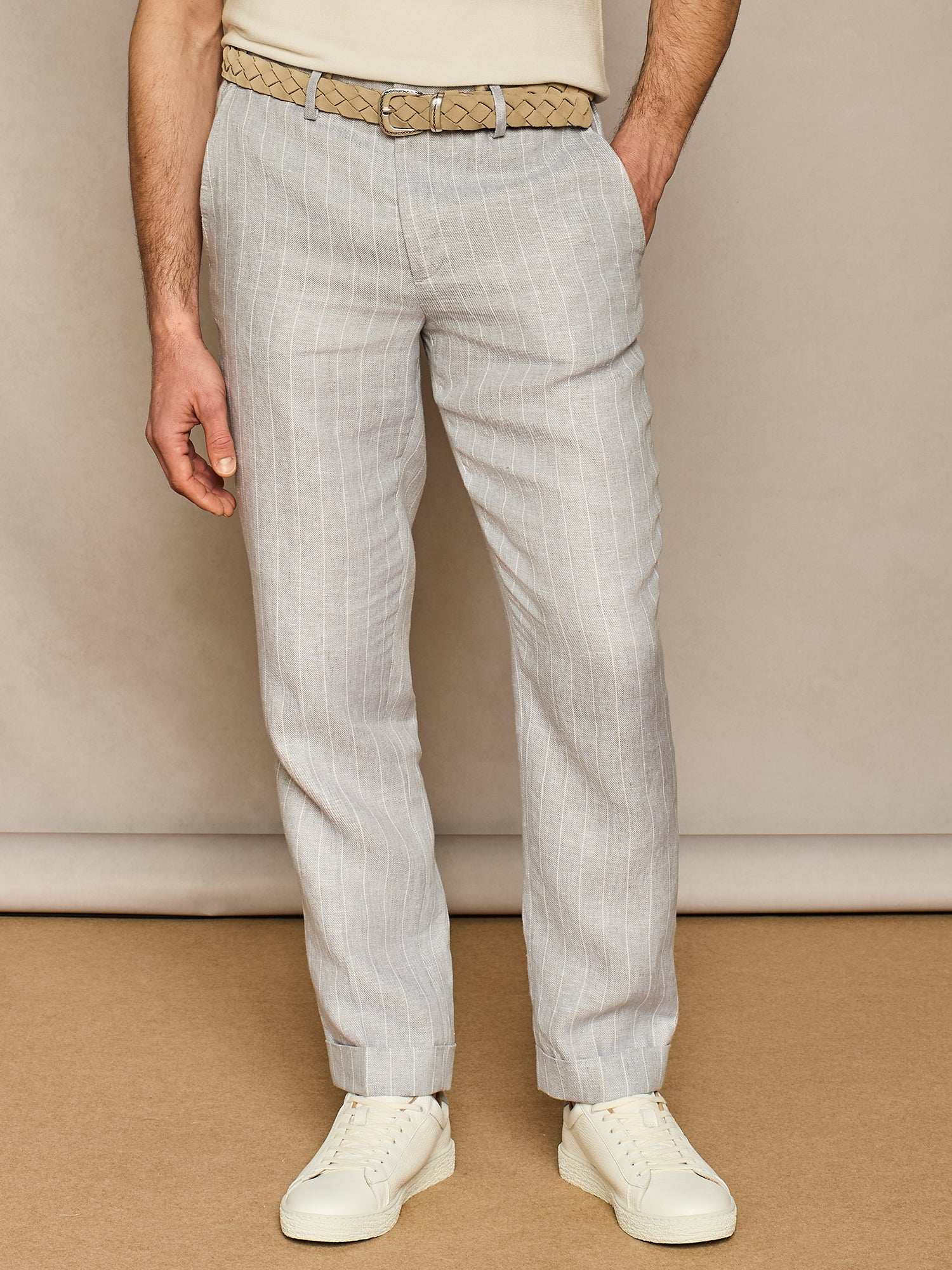 GREY PINSTRIPED LINEN WIDE FIT LACE-UP TROUSER
