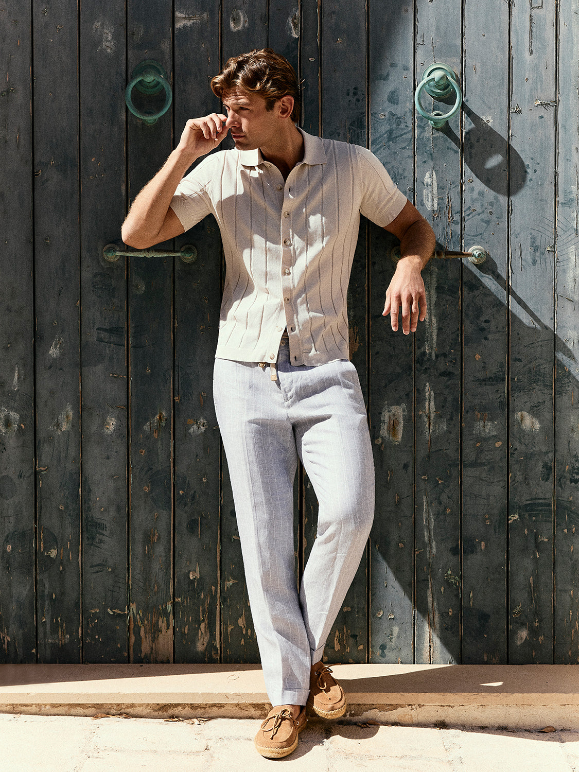 Pantalone wide fit con laccio in lino gessato grigio