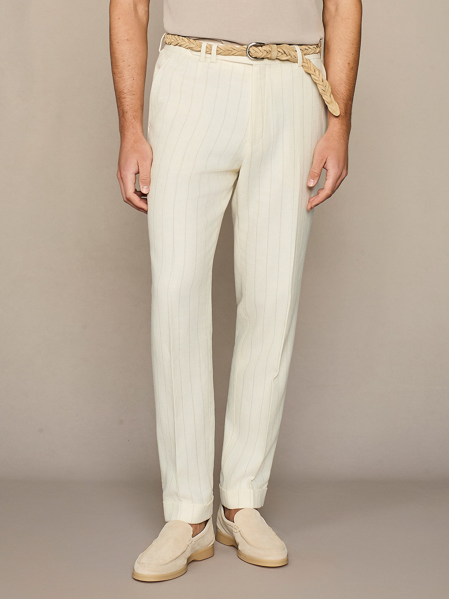Pantalone misto lino gessato bianco