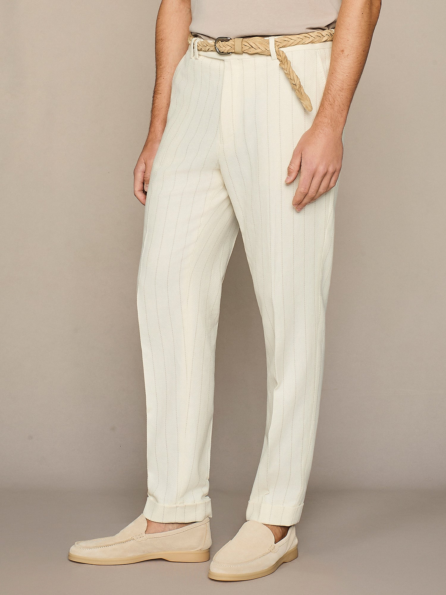 Pantalone misto lino gessato bianco