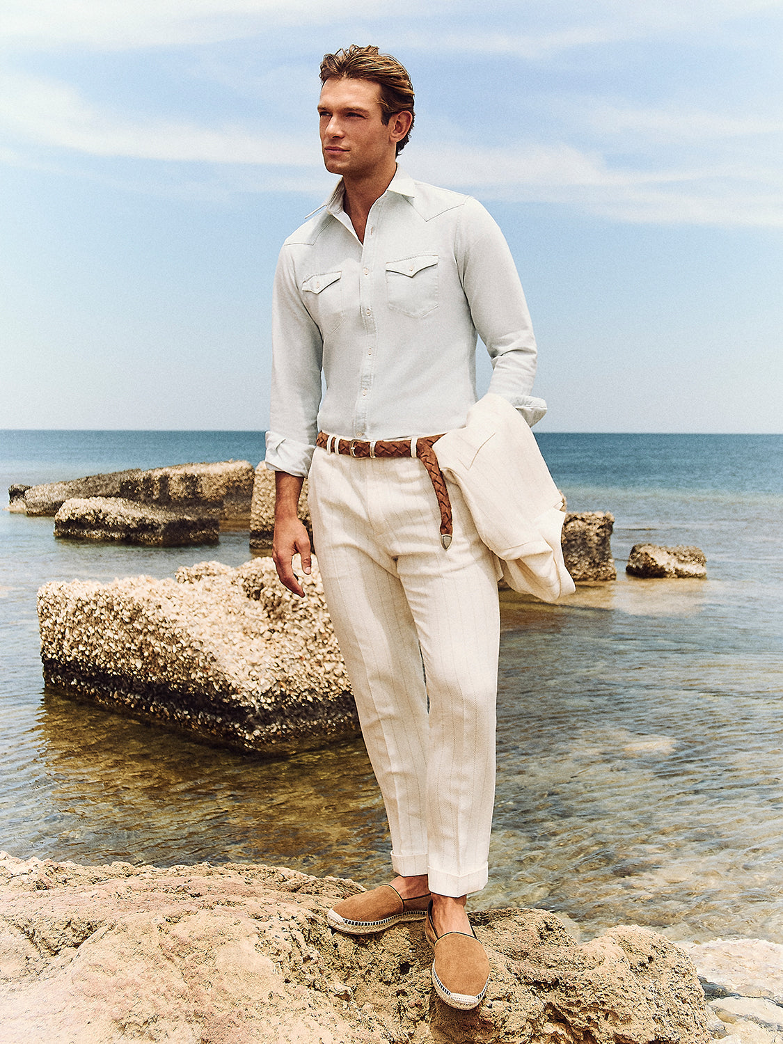 Off-white linen blend pinstriped trousers