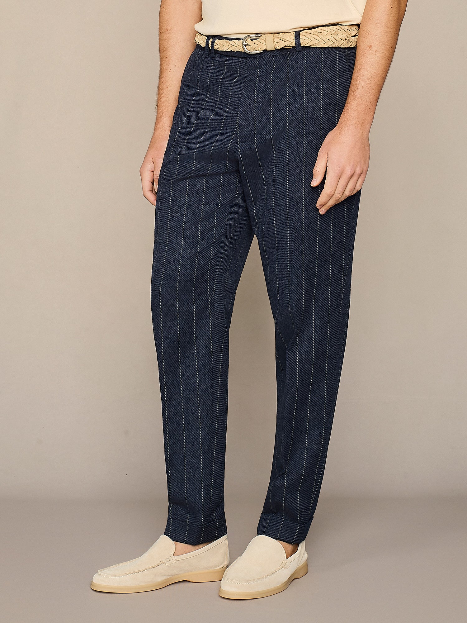 NAVY LINEN BLEND PINSTRIPED TROUSERS