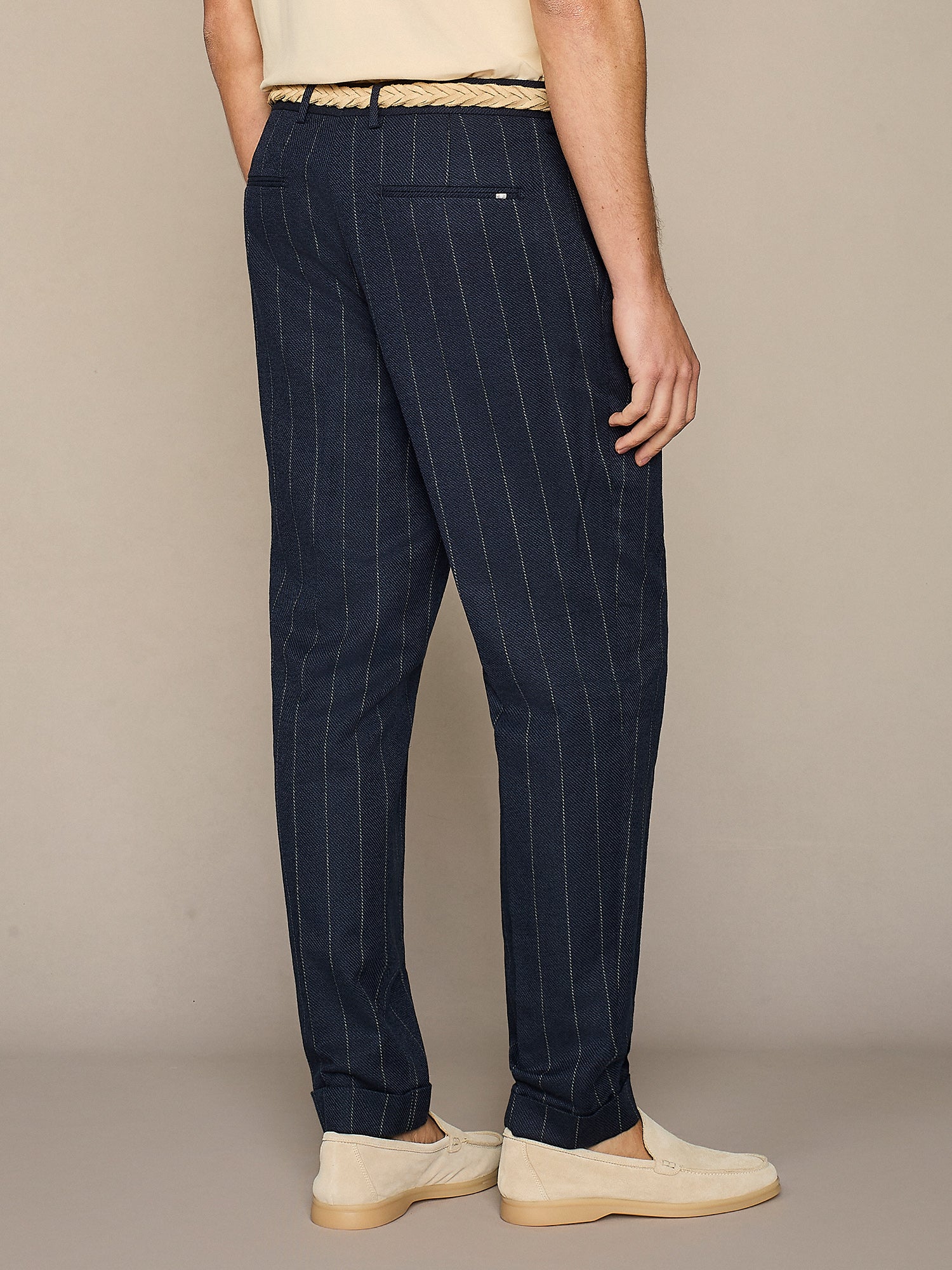 NAVY LINEN BLEND PINSTRIPED TROUSERS