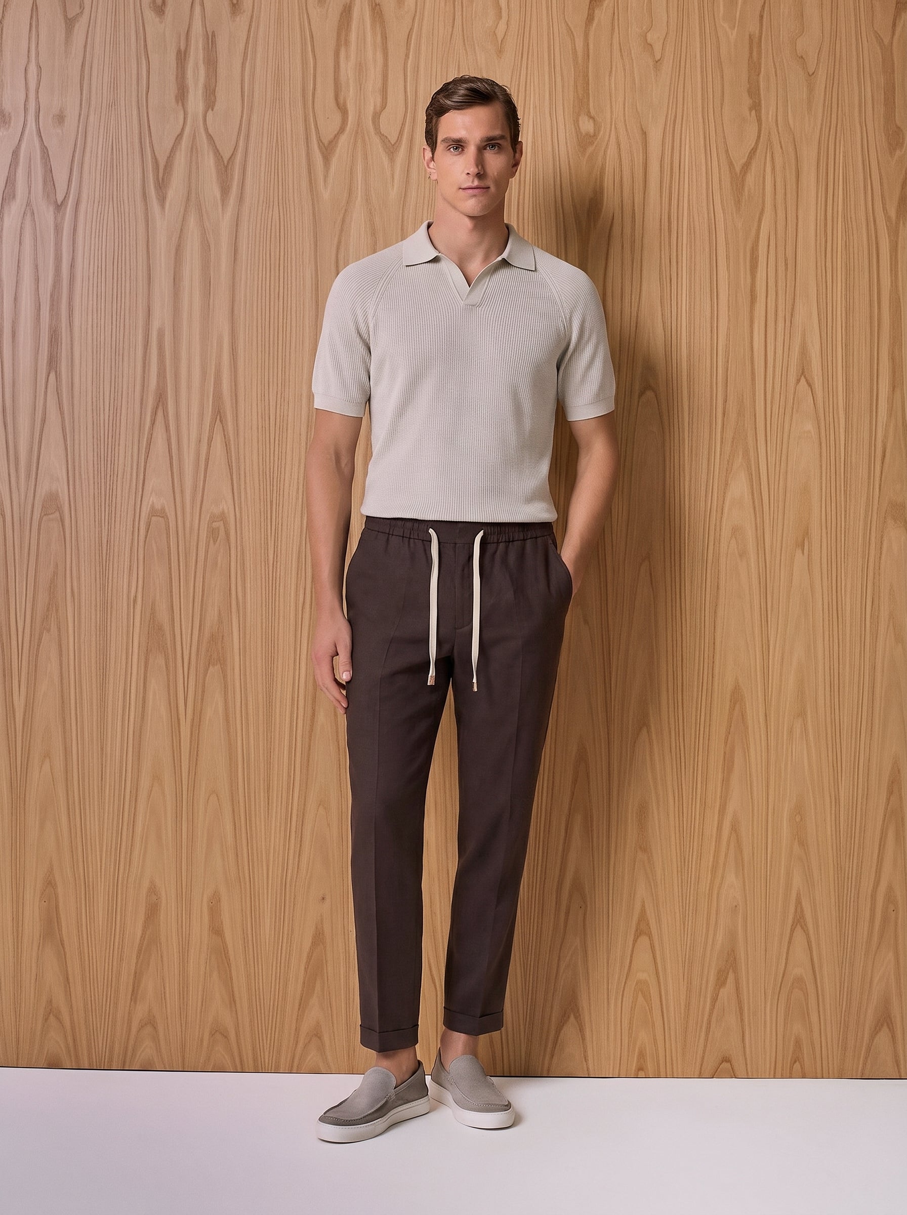 Brown pure linen wide fit drawstring trousers