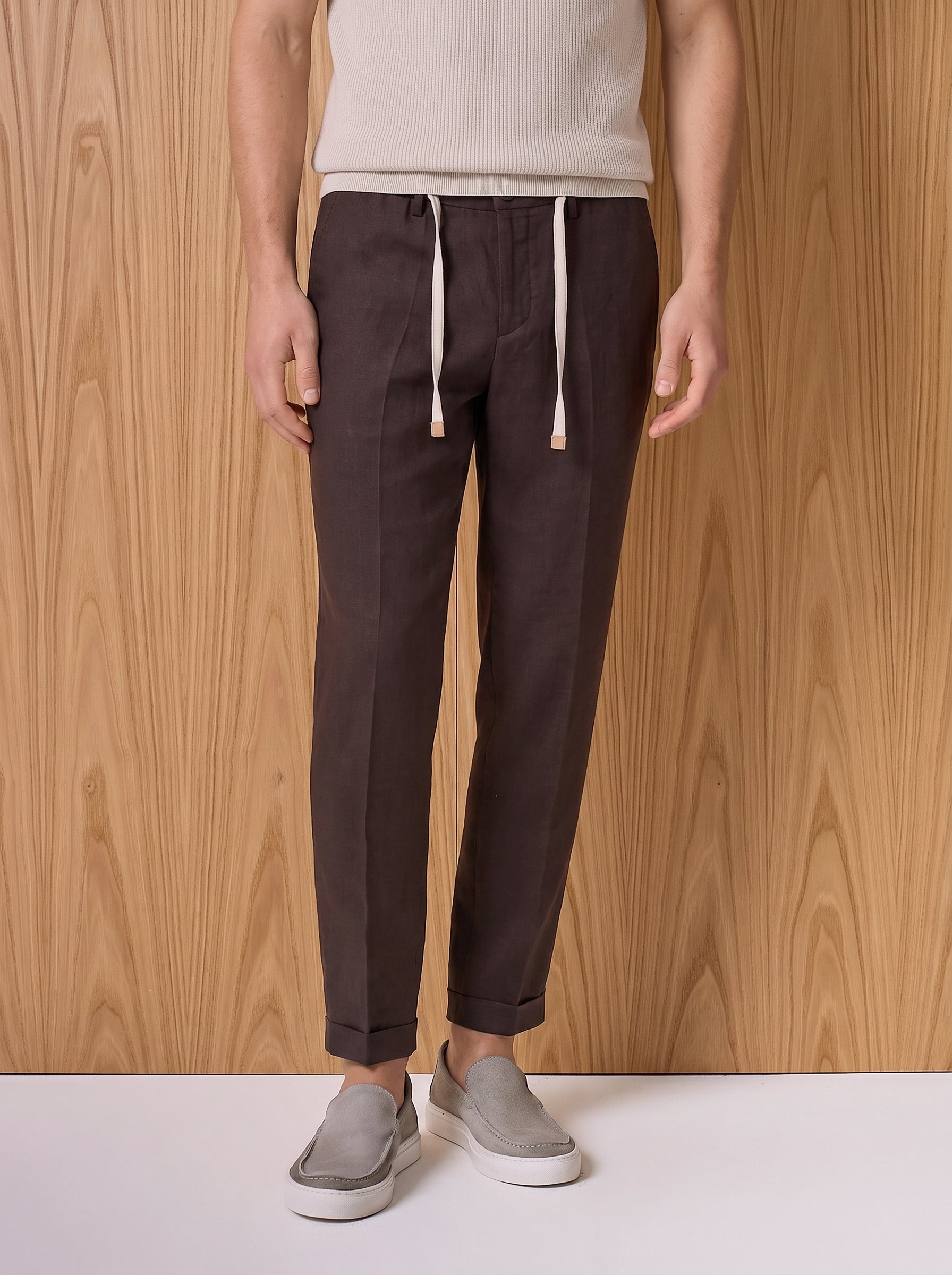 Brown pure linen wide fit drawstring trousers