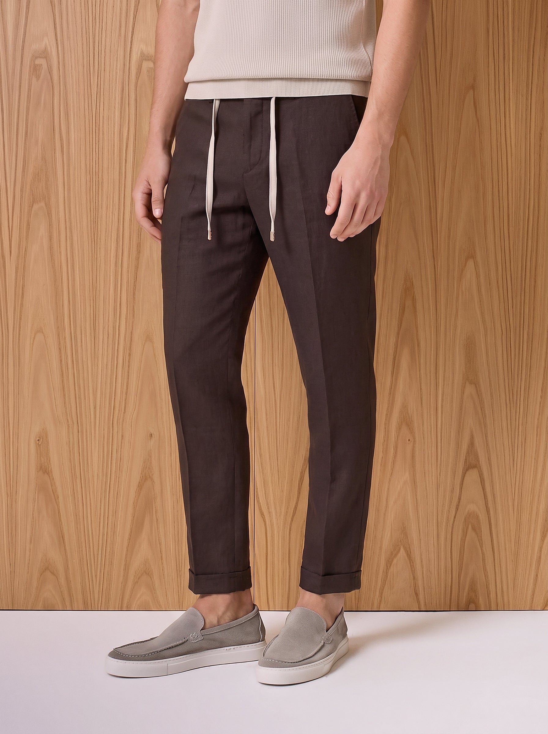 Brown pure linen wide fit drawstring trousers