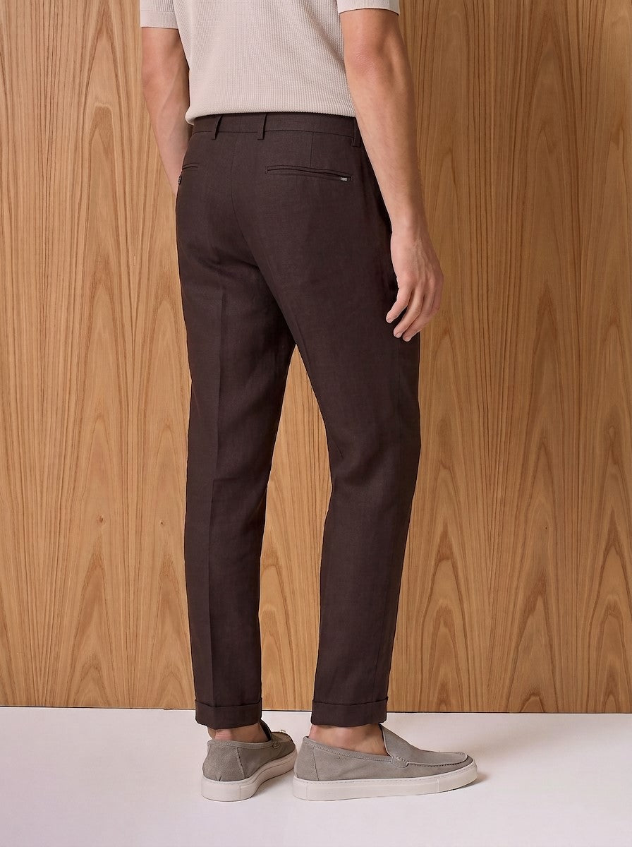 Brown pure linen wide fit drawstring trousers