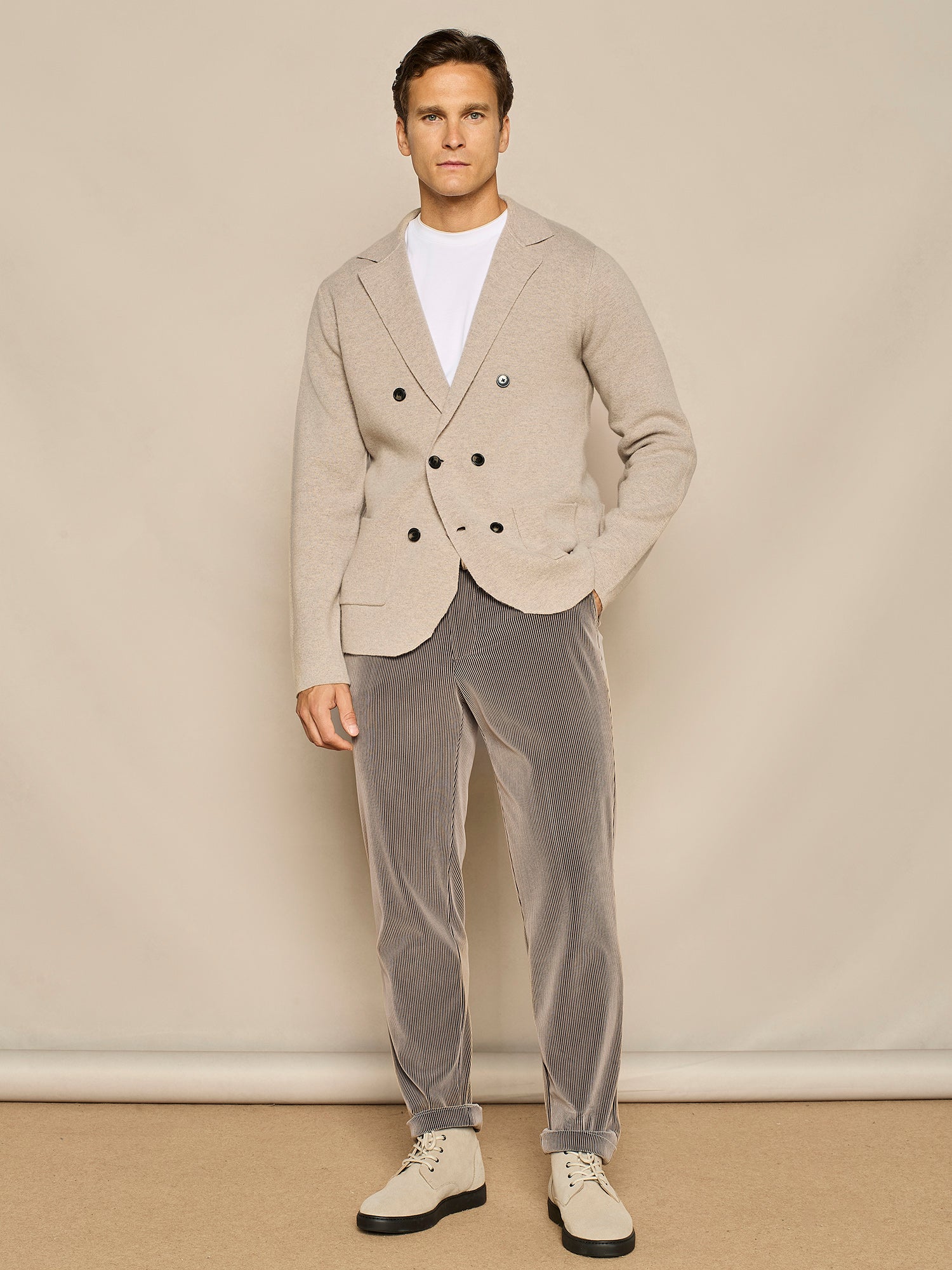 TAUPE FLOCK PRINT CORDUROY EFFECT JERSEY WIDE FIT TROUSER 
