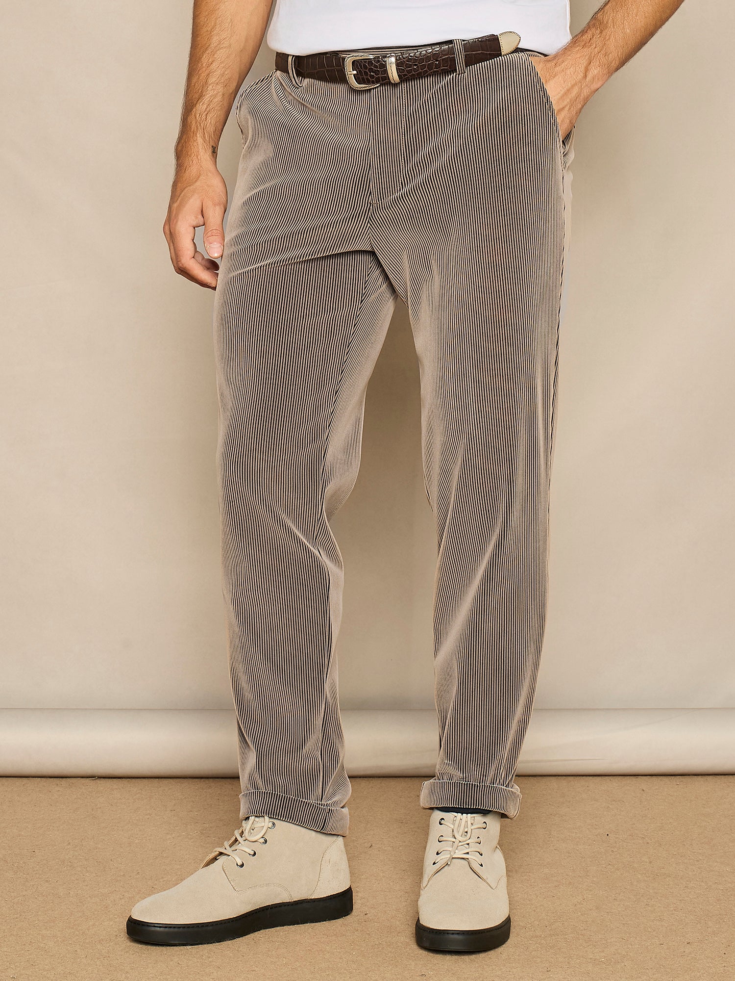 TAUPE FLOCK PRINT CORDUROY EFFECT JERSEY WIDE FIT TROUSER 