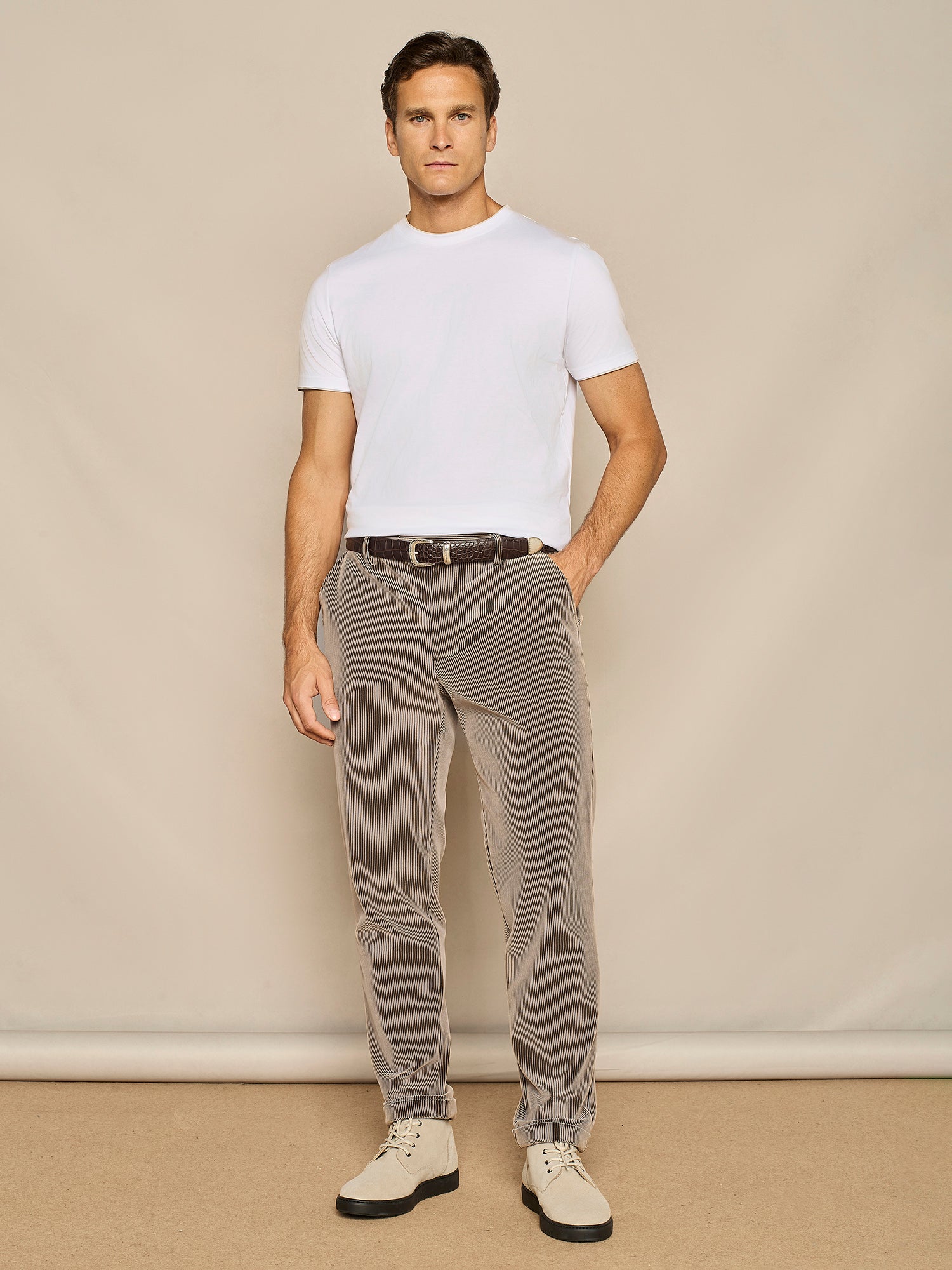 TAUPE FLOCK PRINT CORDUROY EFFECT JERSEY WIDE FIT TROUSER 