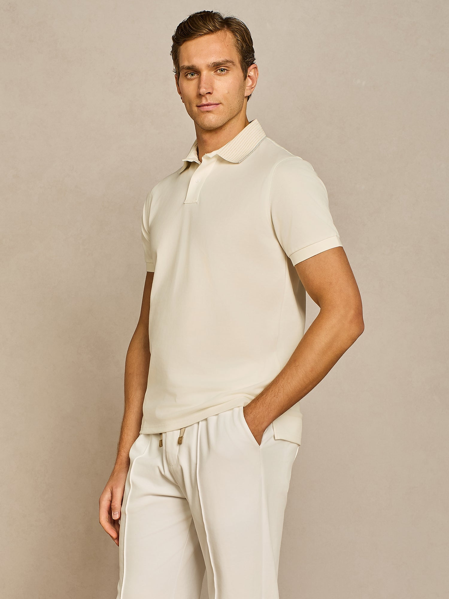 OFF-WHITE PIQUET POLO WITH CONTRAST COLOR COLLAR