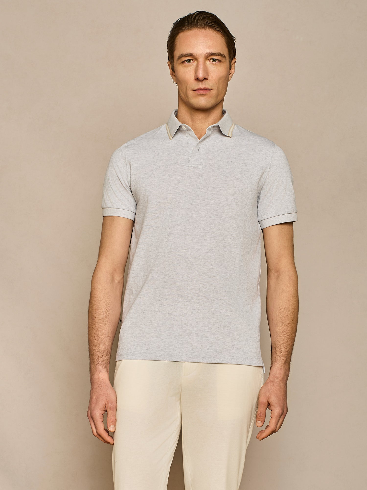 LIGHT GREY MELANGE PIQUET POLO WITH CONTRAST COLOR STRIPES  ON COLLAR