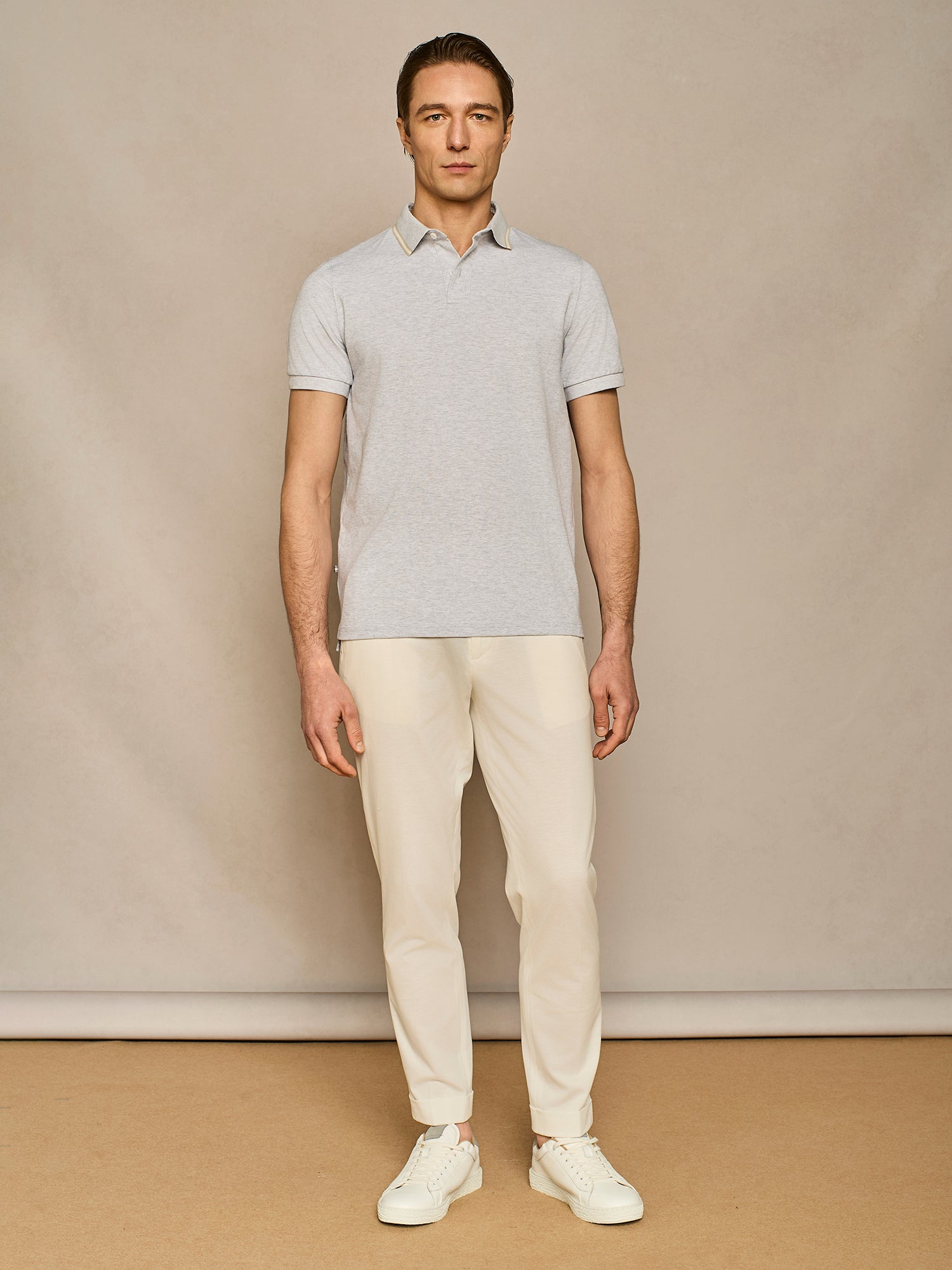 LIGHT GREY MELANGE PIQUET POLO WITH CONTRAST COLOR STRIPES  ON COLLAR