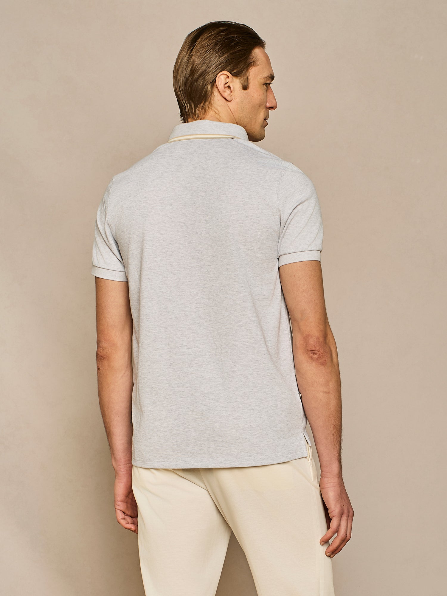 LIGHT GREY MELANGE PIQUET POLO WITH CONTRAST COLOR STRIPES  ON COLLAR
